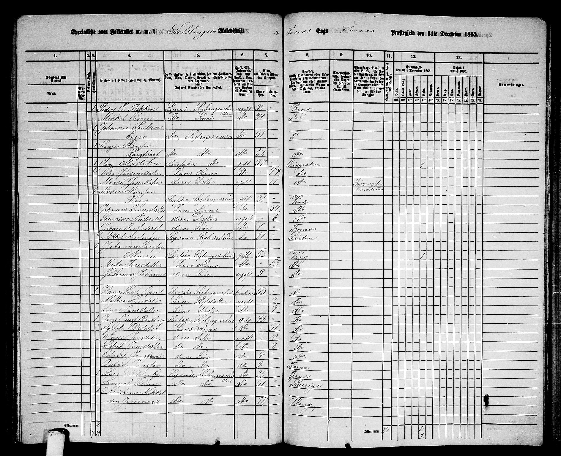 RA, 1865 census for Fosnes, 1865, p. 161