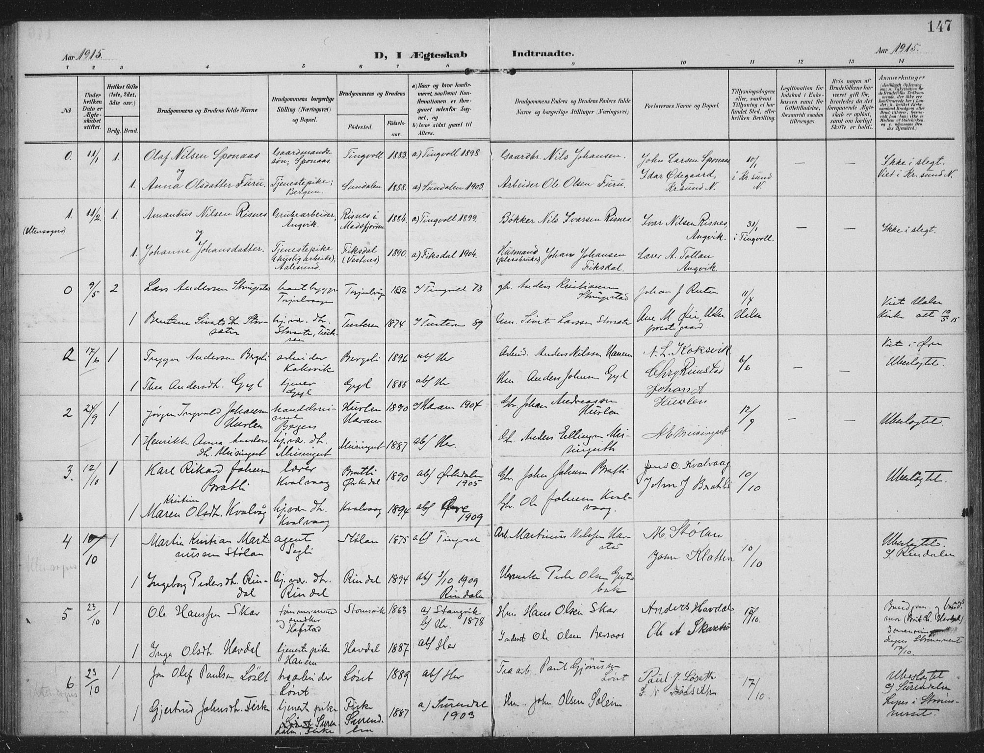 Ministerialprotokoller, klokkerbøker og fødselsregistre - Møre og Romsdal, AV/SAT-A-1454/586/L0989: Parish register (official) no. 586A15, 1906-1915, p. 147