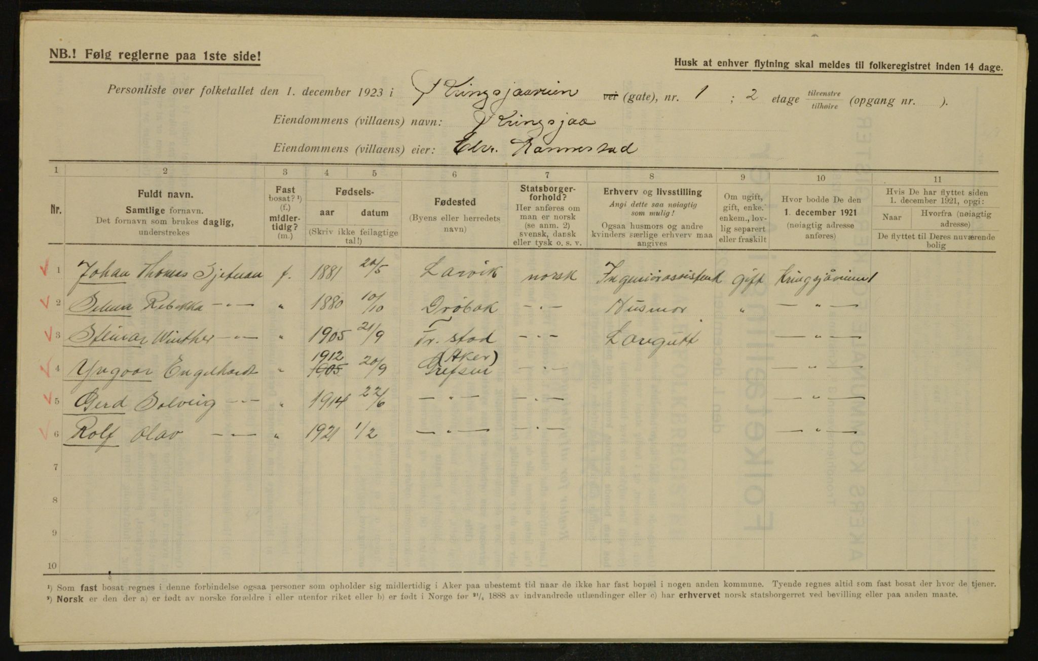 , Municipal Census 1923 for Aker, 1923, p. 28419