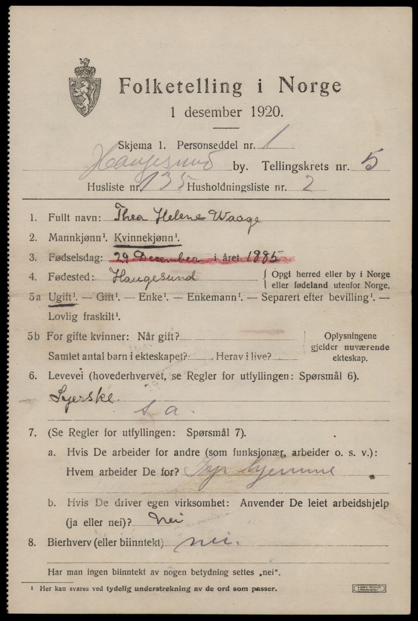 SAST, 1920 census for Haugesund, 1920, p. 20653