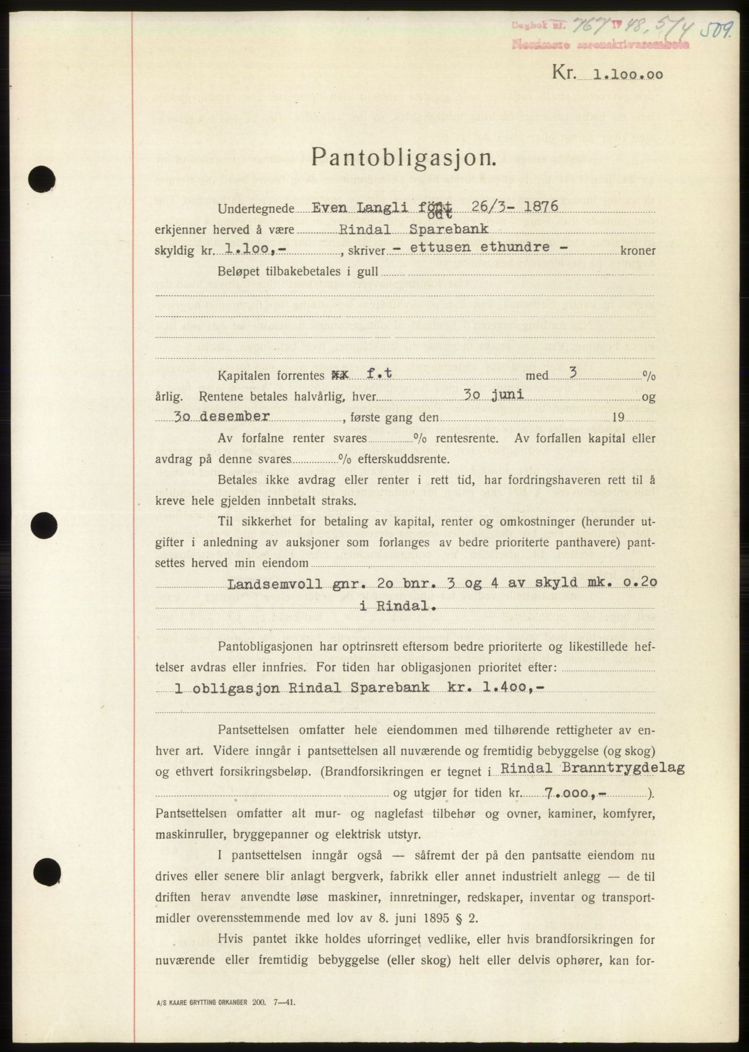 Nordmøre sorenskriveri, AV/SAT-A-4132/1/2/2Ca: Mortgage book no. B98, 1948-1948, Diary no: : 767/1948