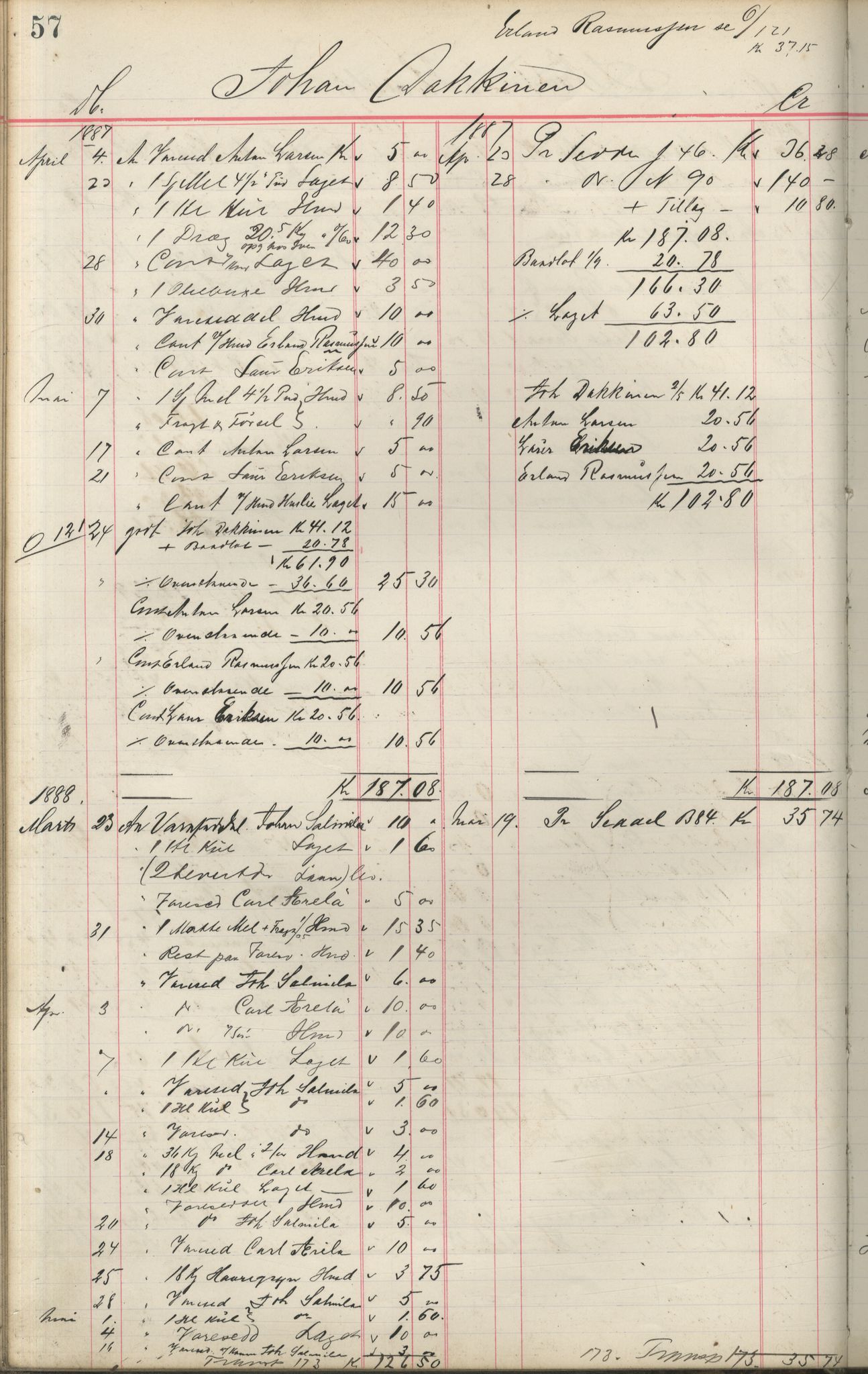 Brodtkorb handel A/S, VAMU/A-0001/F/Fa/L0001/0002: Kompanibøker. Innensogns / Compagnibog for Indensogns Fiskere No 11, 1887-1889, p. 57