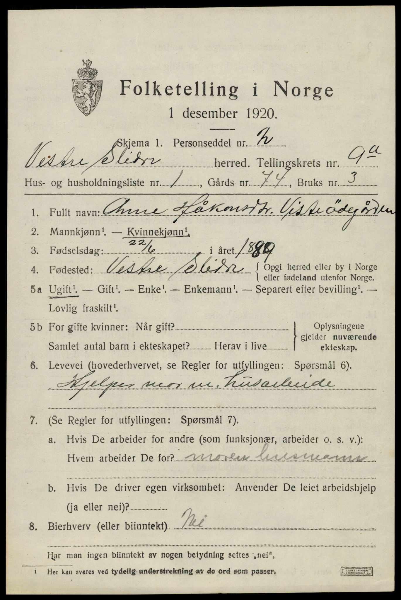 SAH, 1920 census for Vestre Slidre, 1920, p. 4972