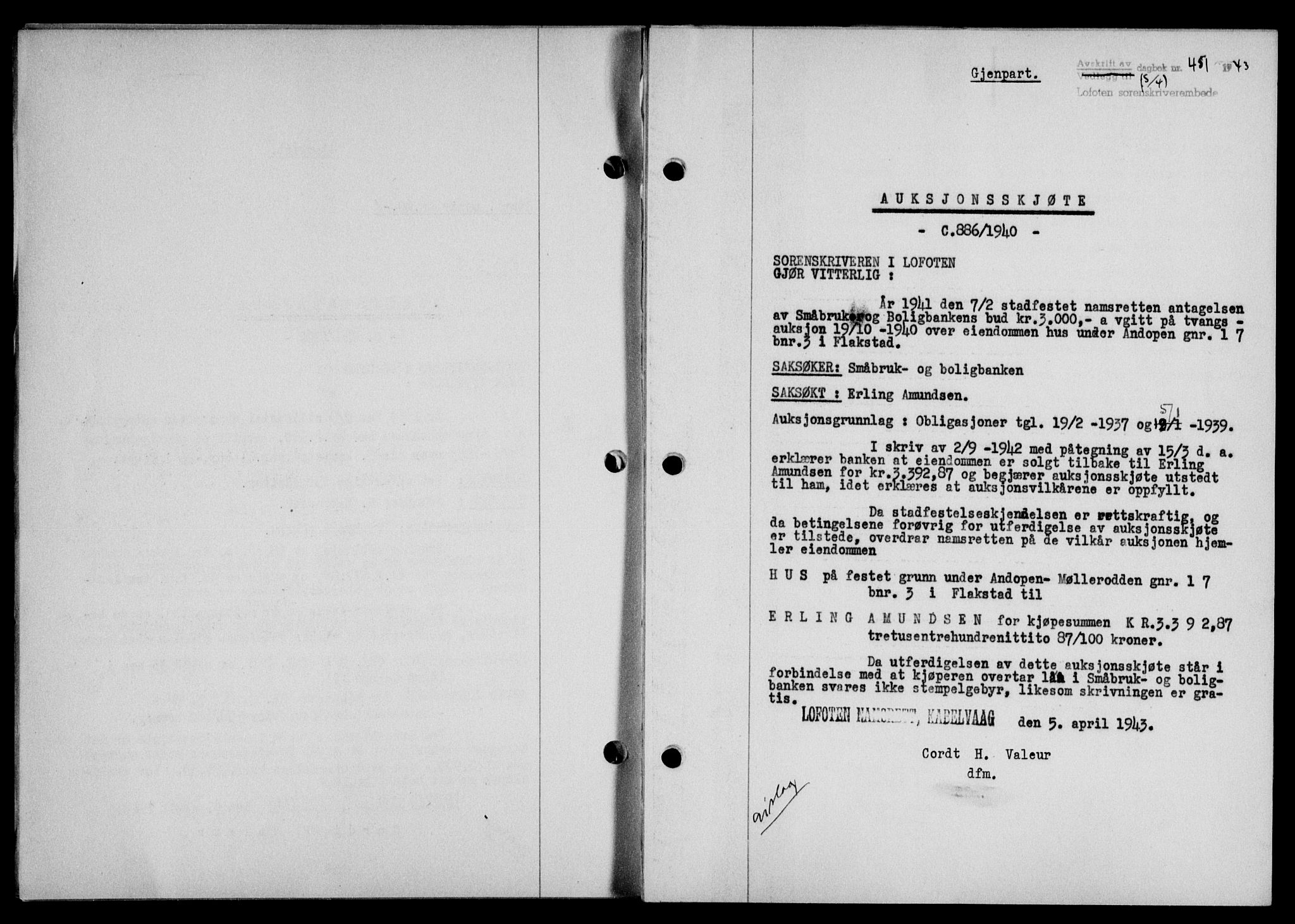 Lofoten sorenskriveri, SAT/A-0017/1/2/2C/L0011a: Mortgage book no. 11a, 1943-1943, Diary no: : 451/1943