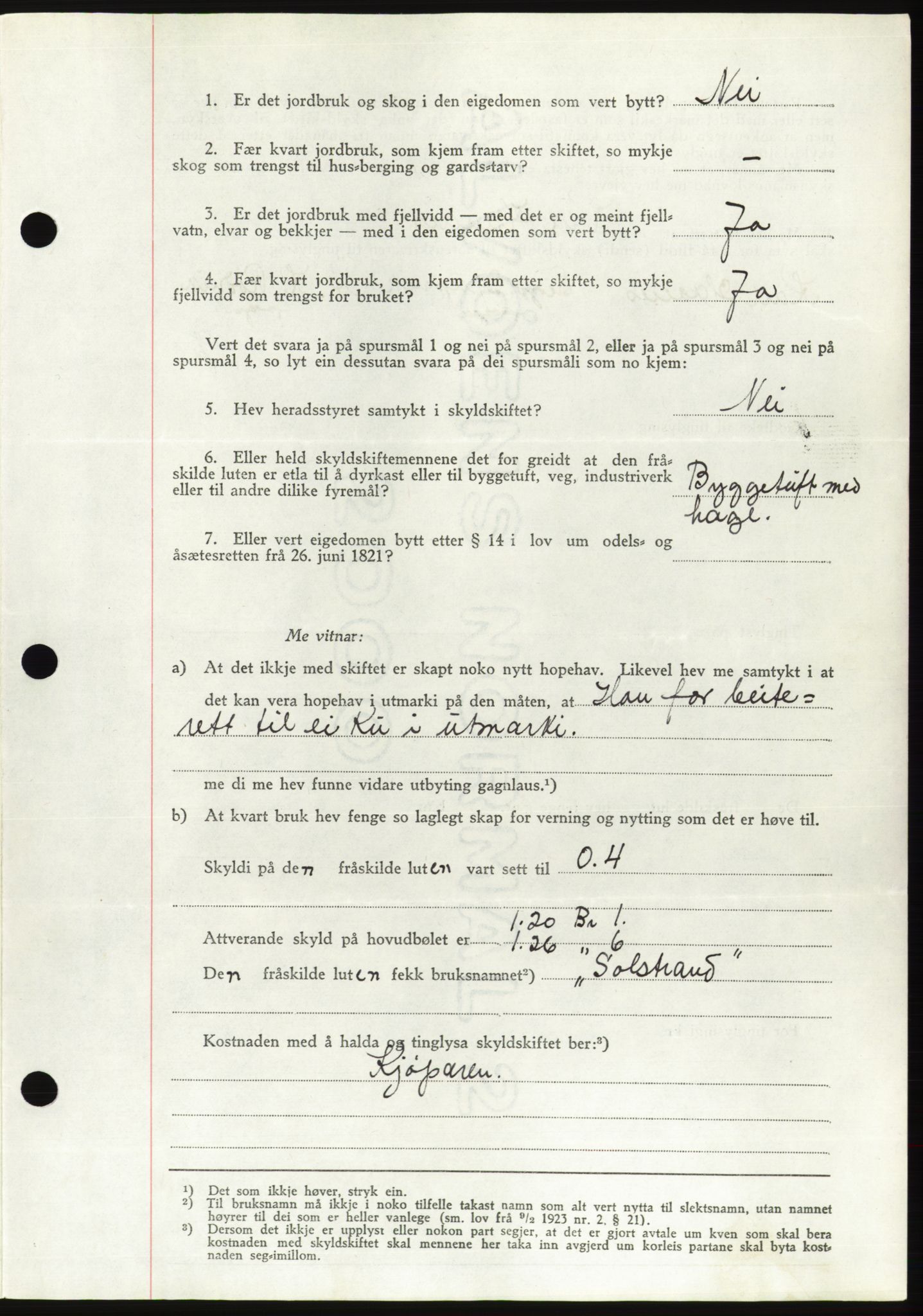 Søre Sunnmøre sorenskriveri, AV/SAT-A-4122/1/2/2C/L0077: Mortgage book no. 3A, 1945-1946, Diary no: : 406/1945