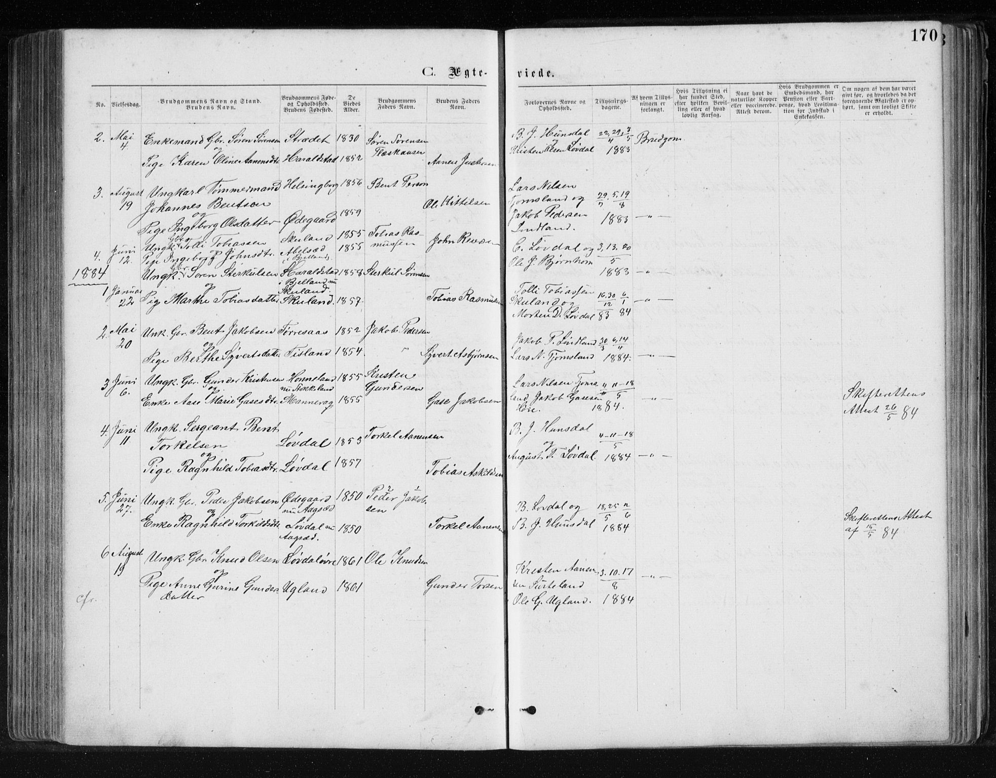 Holum sokneprestkontor, SAK/1111-0022/F/Fb/Fbb/L0003: Parish register (copy) no. B 3, 1875-1898, p. 170
