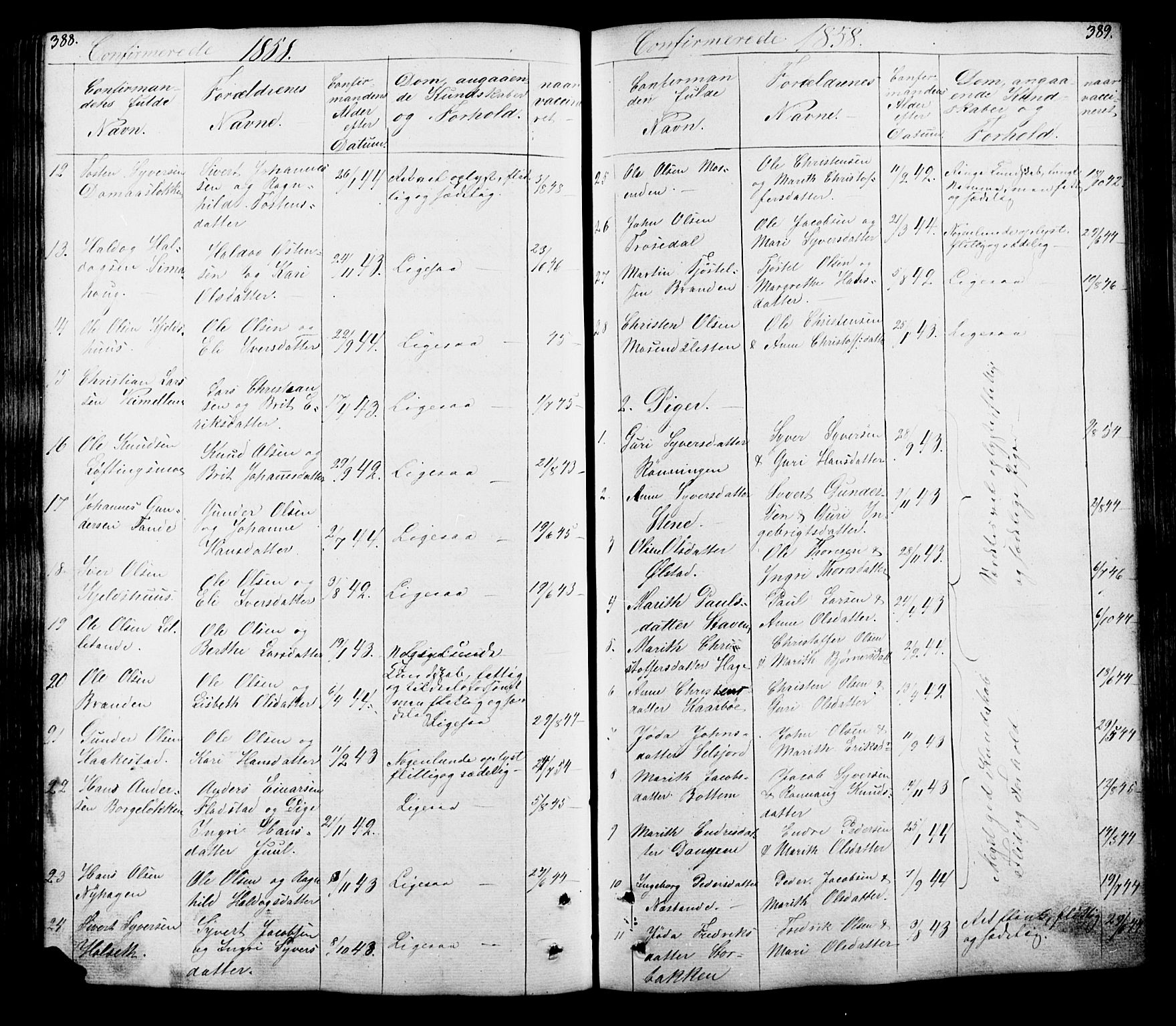 Lesja prestekontor, SAH/PREST-068/H/Ha/Hab/L0005: Parish register (copy) no. 5, 1850-1894, p. 388-389