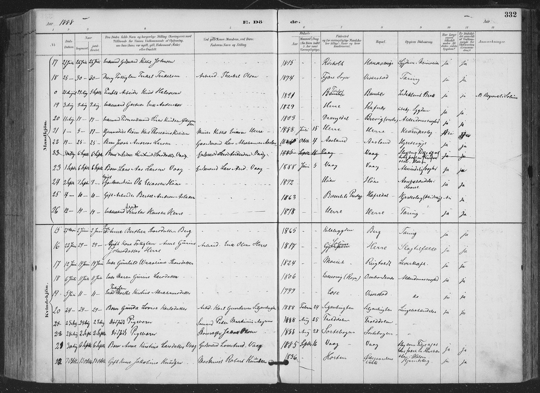 Bamble kirkebøker, AV/SAKO-A-253/F/Fa/L0008: Parish register (official) no. I 8, 1888-1900, p. 332