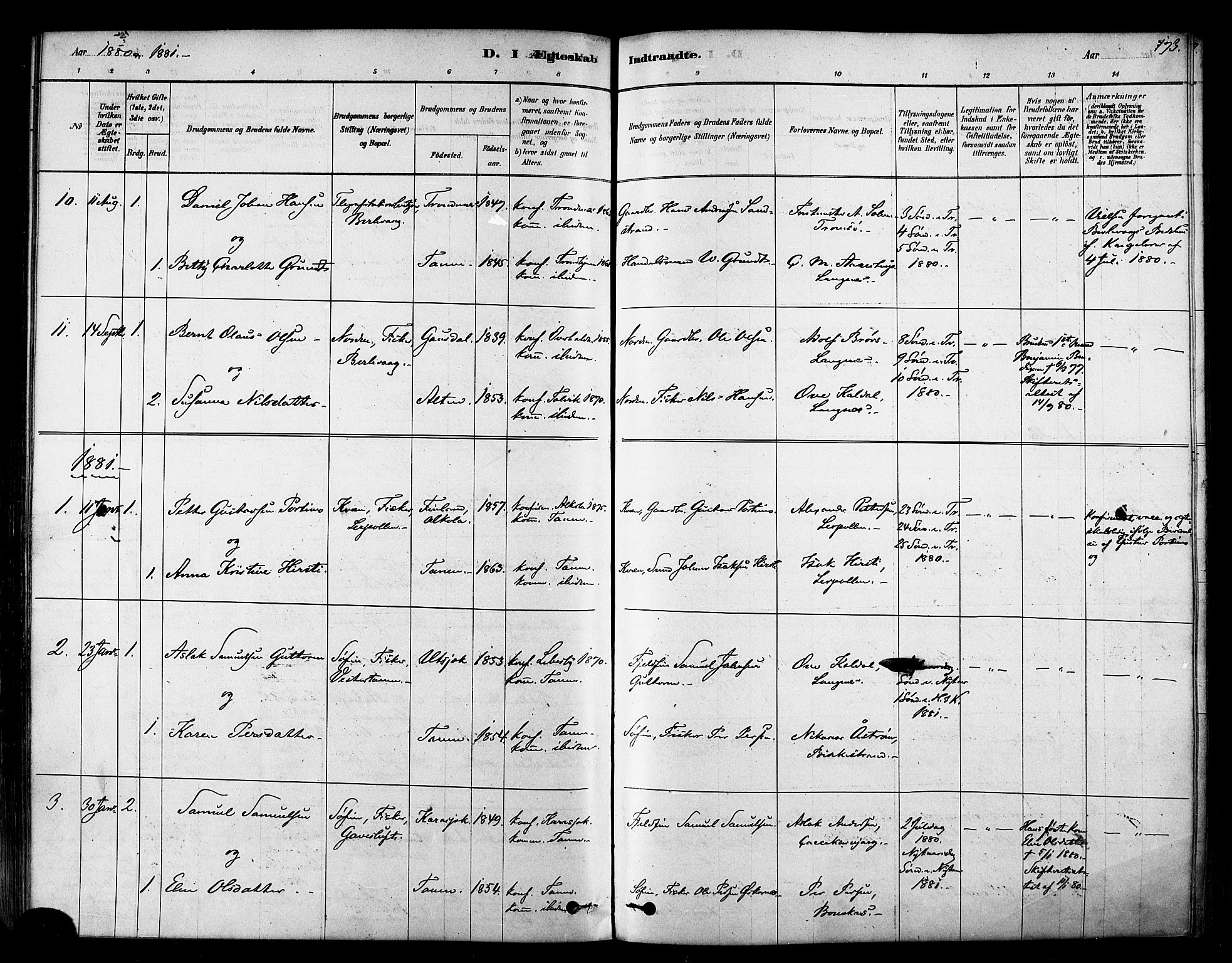 Tana sokneprestkontor, SATØ/S-1334/H/Ha/L0004kirke: Parish register (official) no. 4, 1878-1891, p. 173