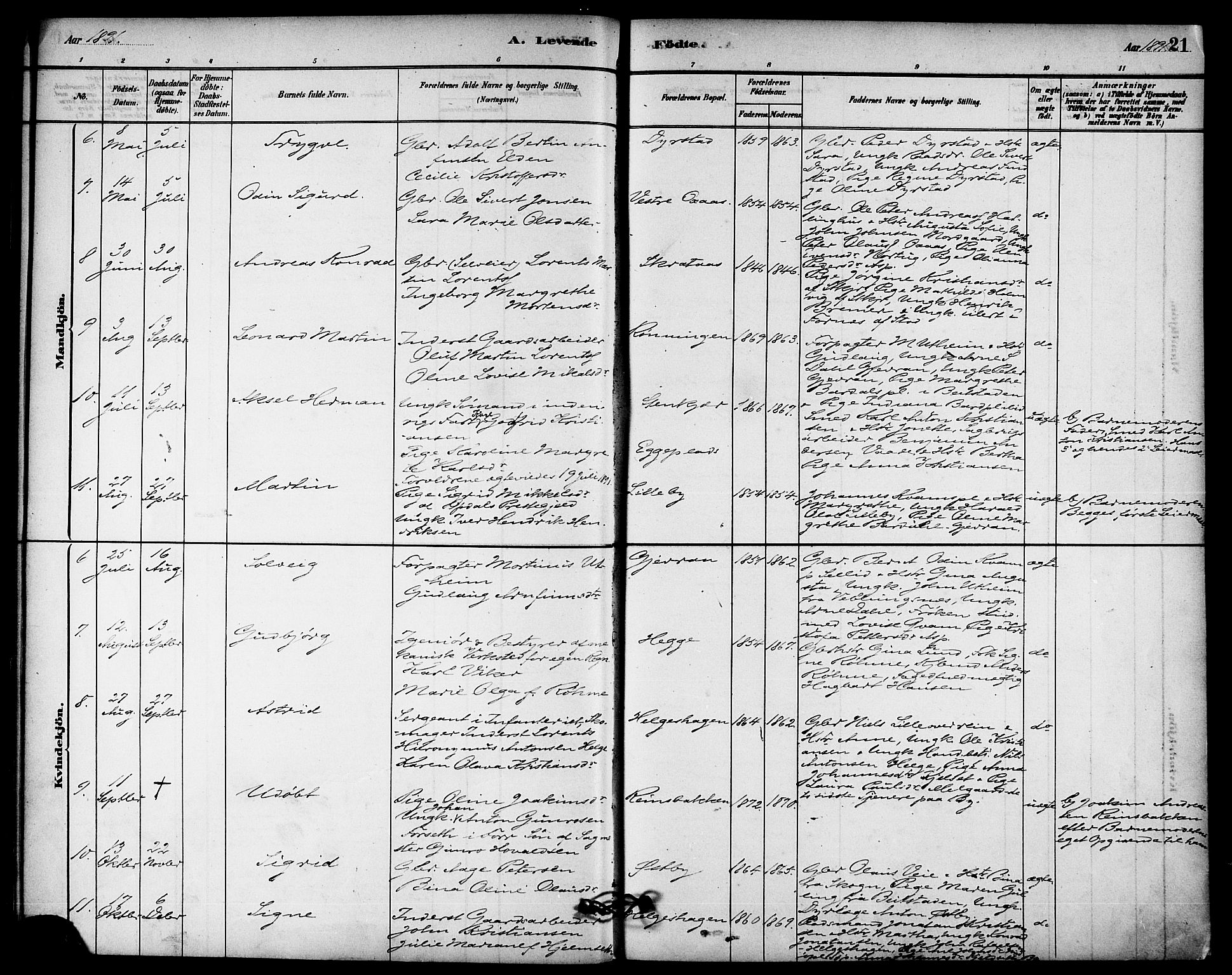 Ministerialprotokoller, klokkerbøker og fødselsregistre - Nord-Trøndelag, AV/SAT-A-1458/740/L0378: Parish register (official) no. 740A01, 1881-1895, p. 21