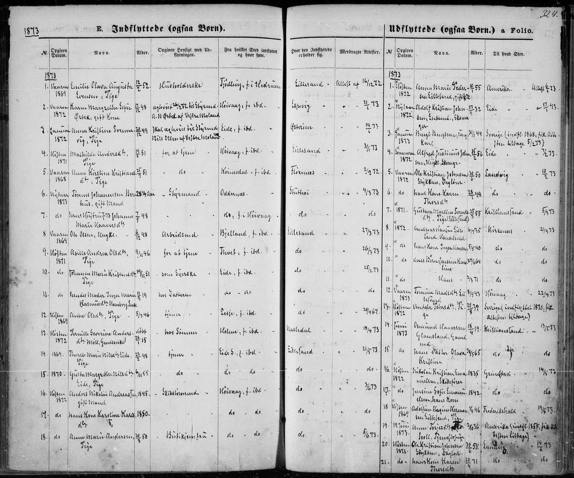 Vestre Moland sokneprestkontor, SAK/1111-0046/F/Fa/Fab/L0008: Parish register (official) no. A 8, 1873-1883, p. 324