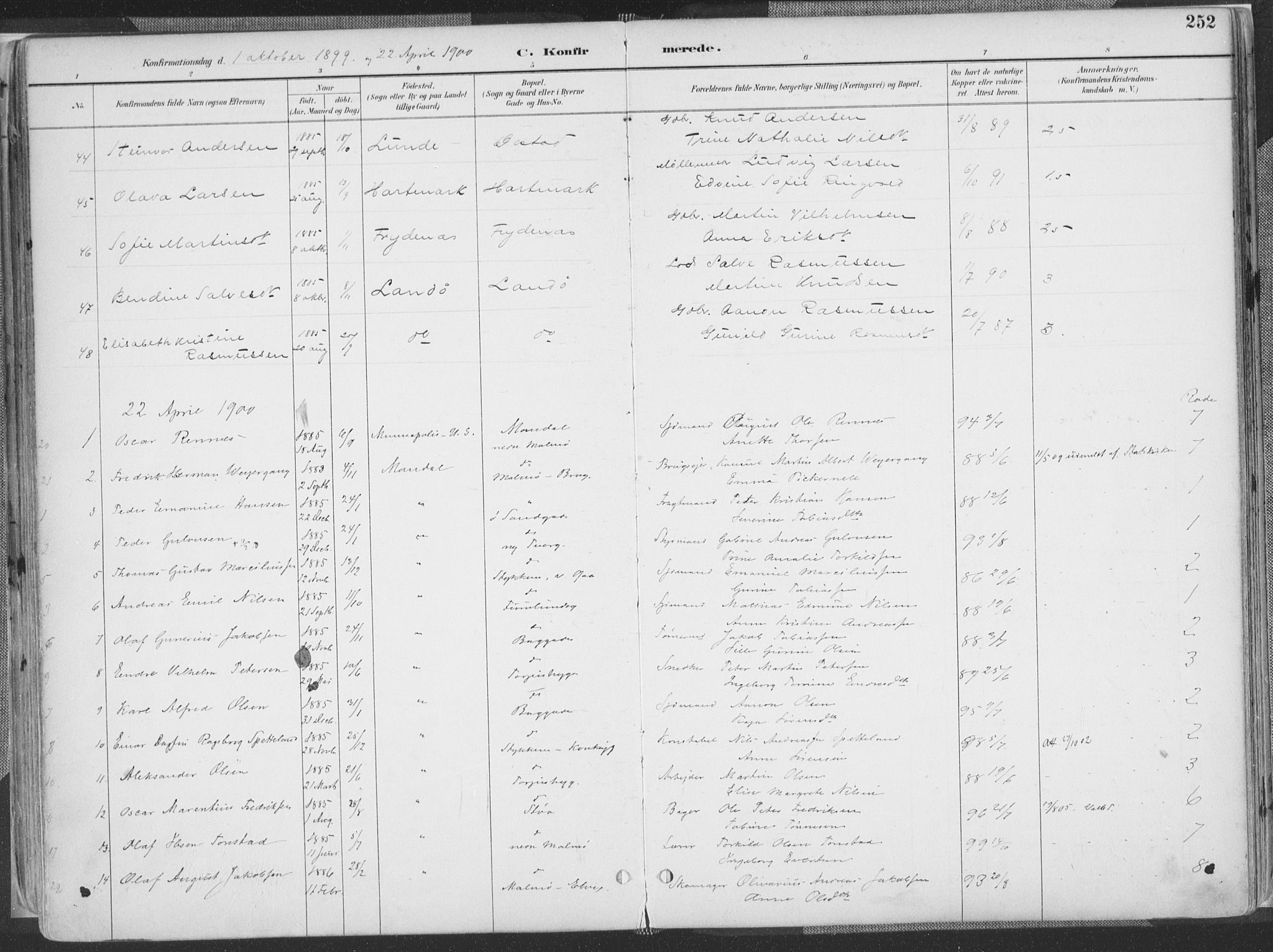 Mandal sokneprestkontor, SAK/1111-0030/F/Fa/Faa/L0018: Parish register (official) no. A 18, 1890-1905, p. 252