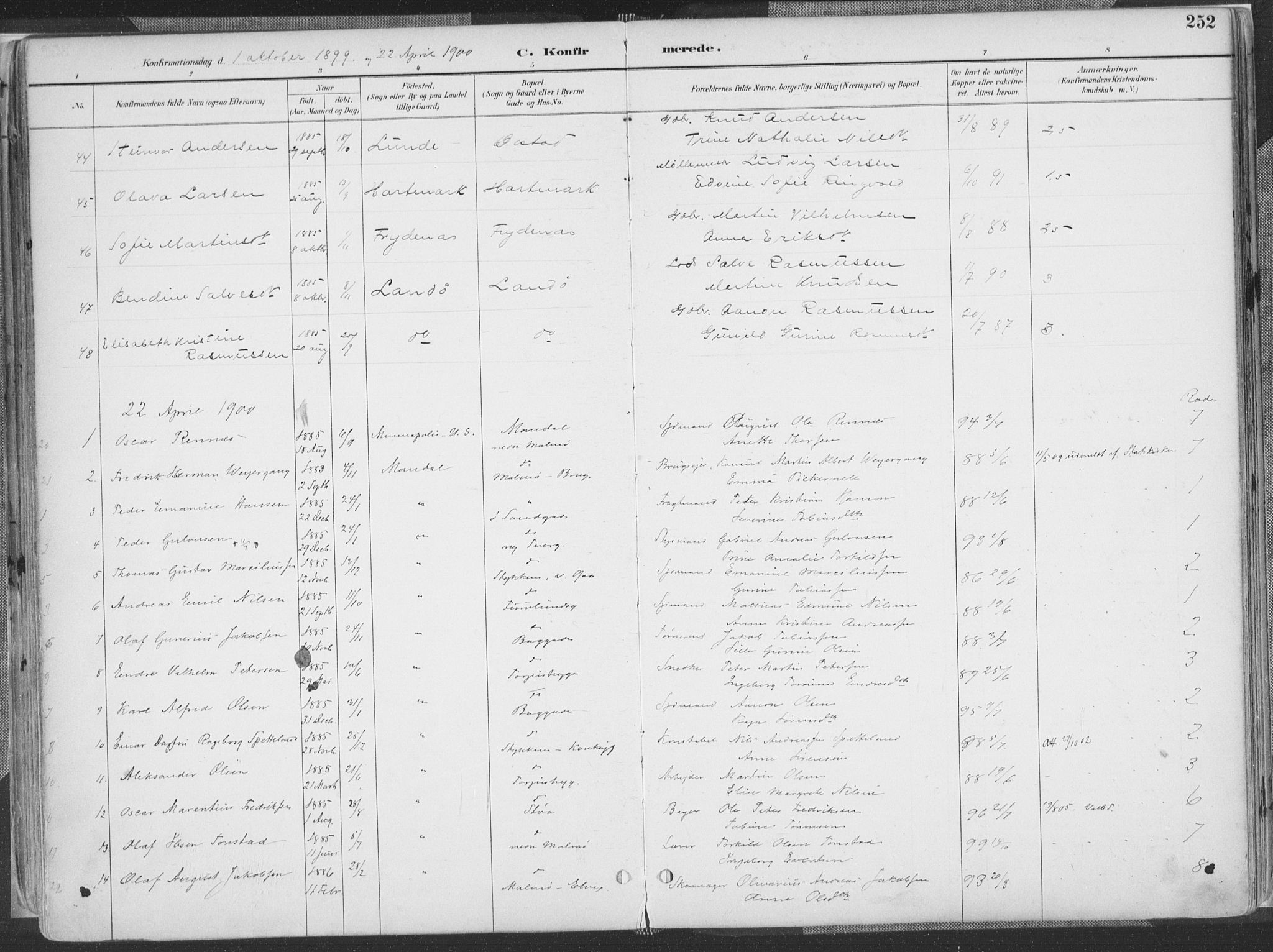 Mandal sokneprestkontor, AV/SAK-1111-0030/F/Fa/Faa/L0018: Parish register (official) no. A 18, 1890-1905, p. 252