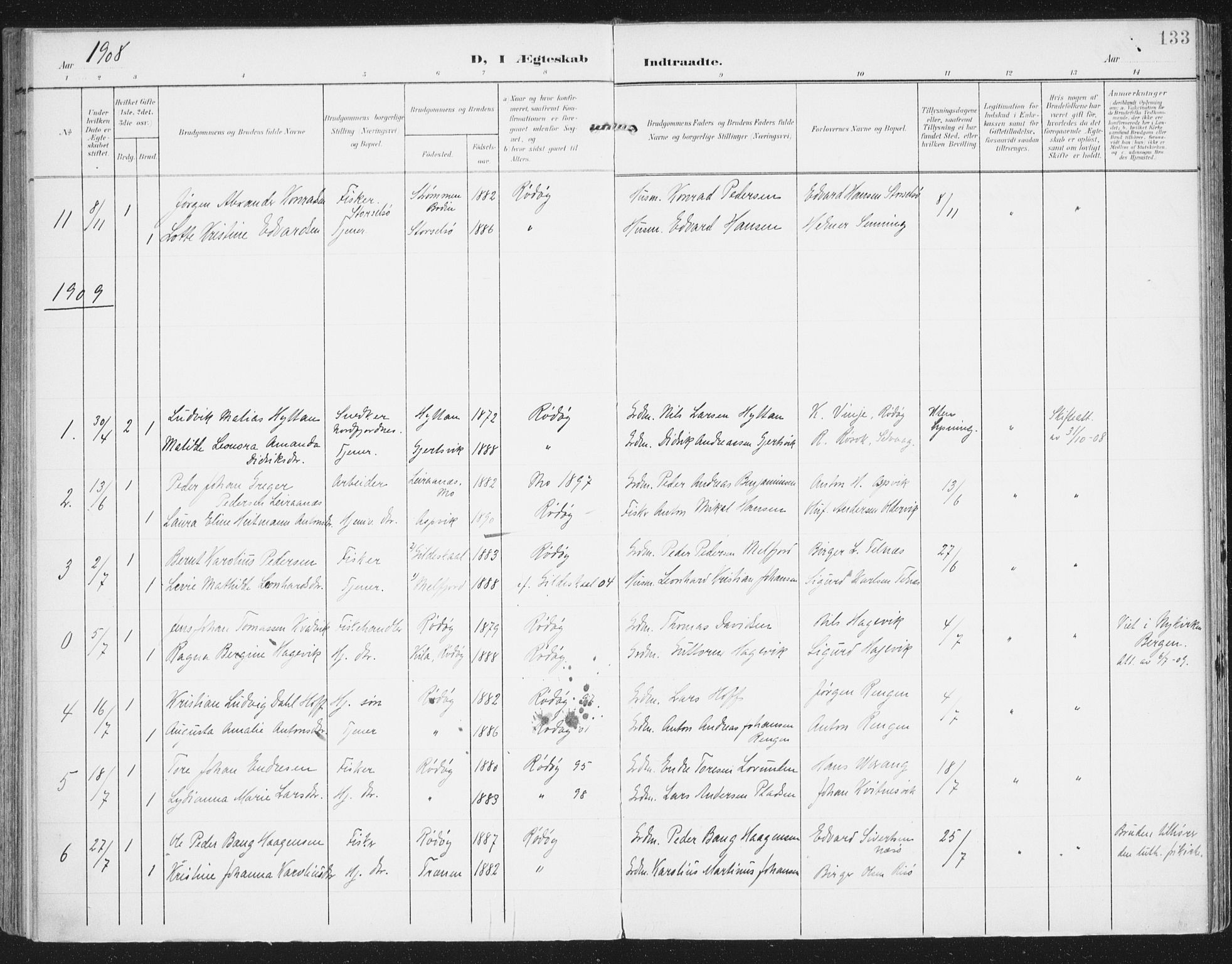 Ministerialprotokoller, klokkerbøker og fødselsregistre - Nordland, AV/SAT-A-1459/841/L0612: Parish register (official) no. 841A15, 1902-1910, p. 133