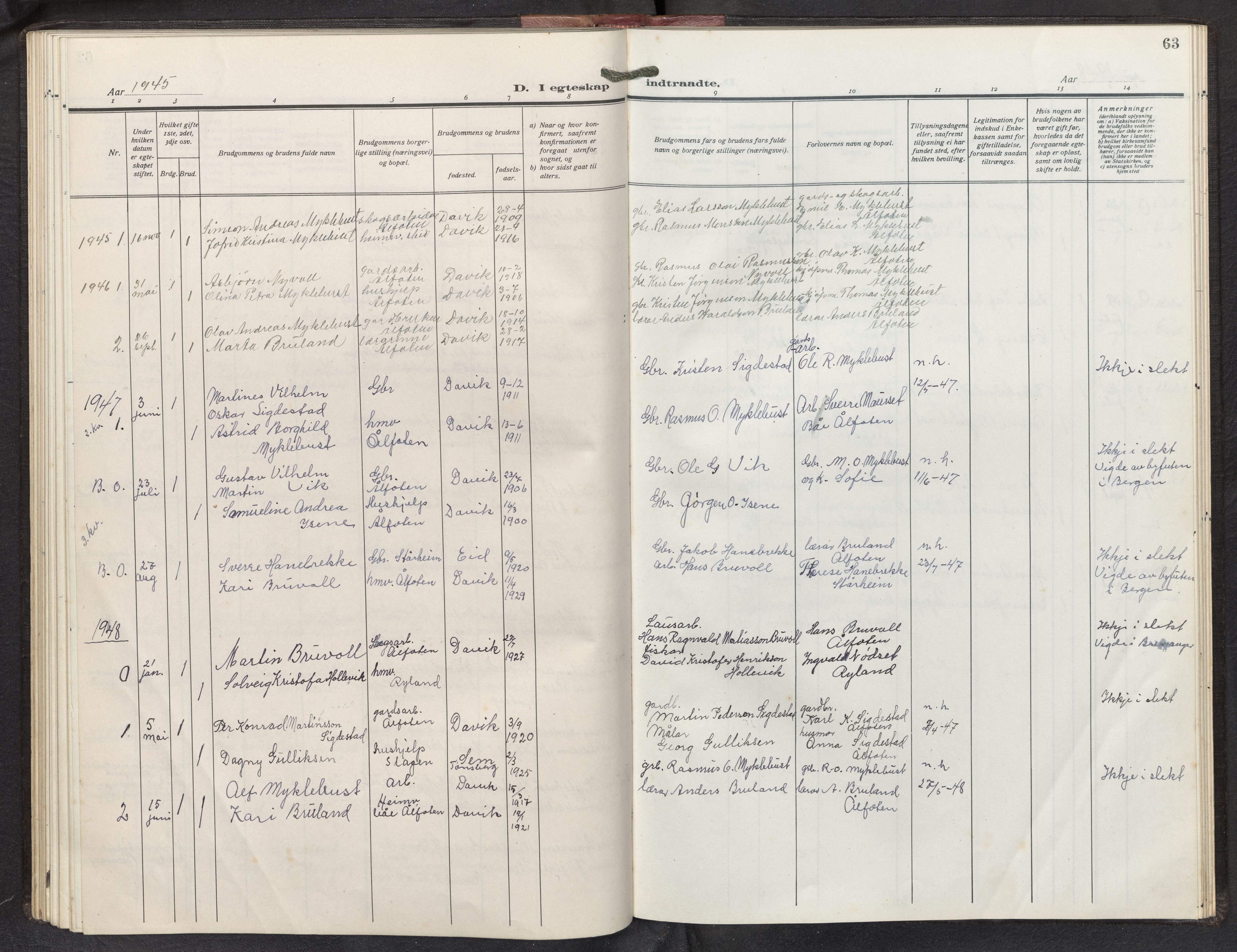 Davik sokneprestembete, AV/SAB-A-79701/H/Hab/Habd/L0003: Parish register (copy) no. D 3, 1917-1953, p. 62b-63a