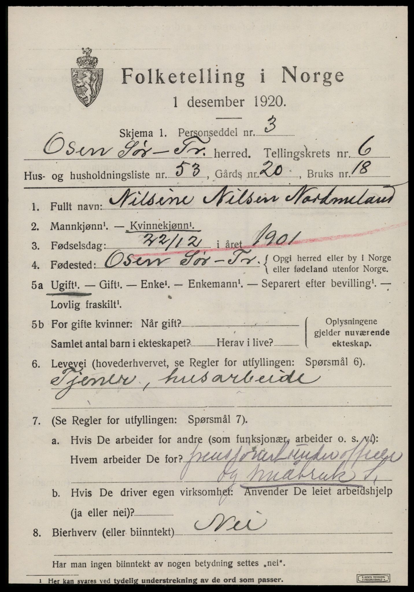 SAT, 1920 census for Osen, 1920, p. 3135