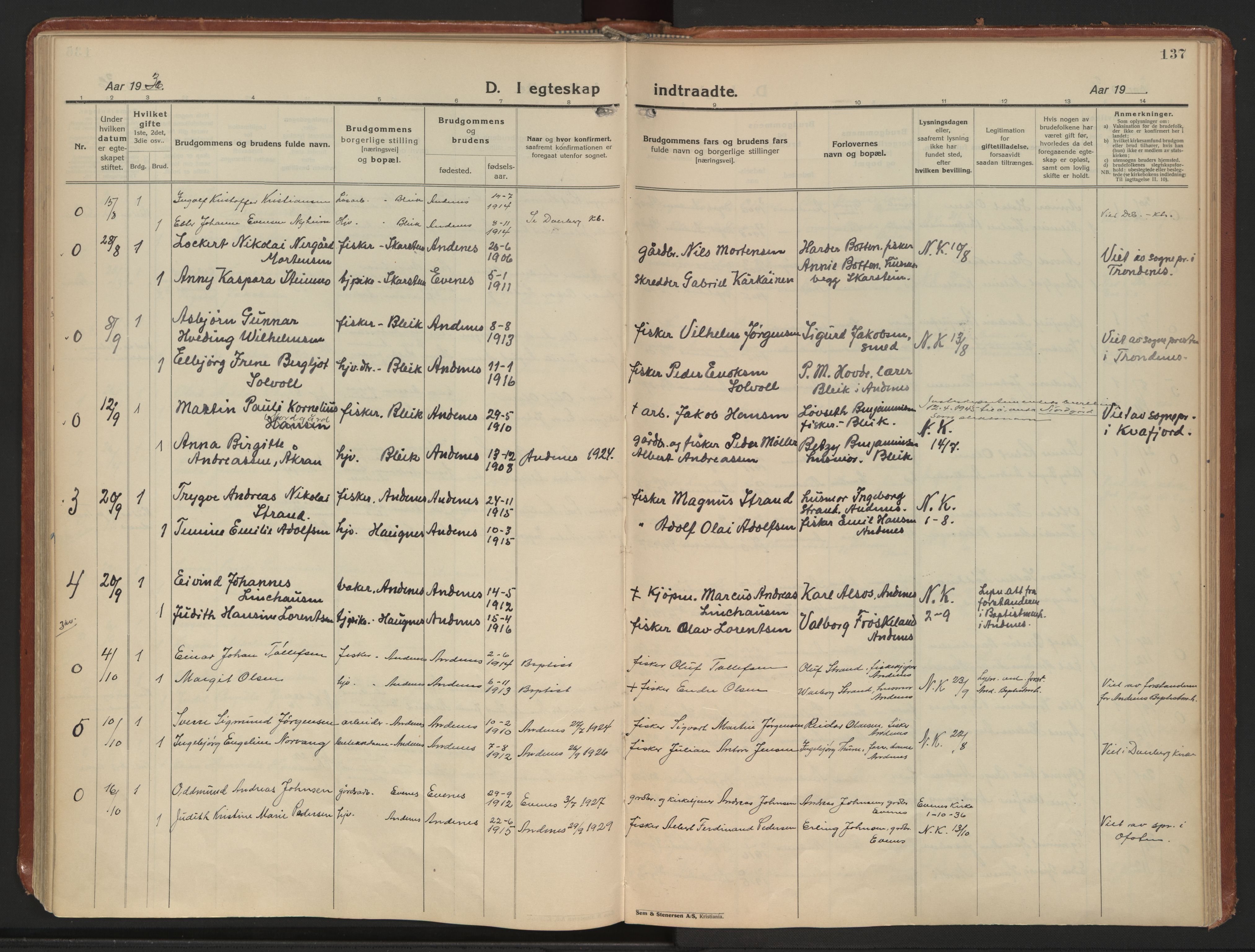 Ministerialprotokoller, klokkerbøker og fødselsregistre - Nordland, AV/SAT-A-1459/899/L1441: Parish register (official) no. 899A09, 1923-1939, p. 137