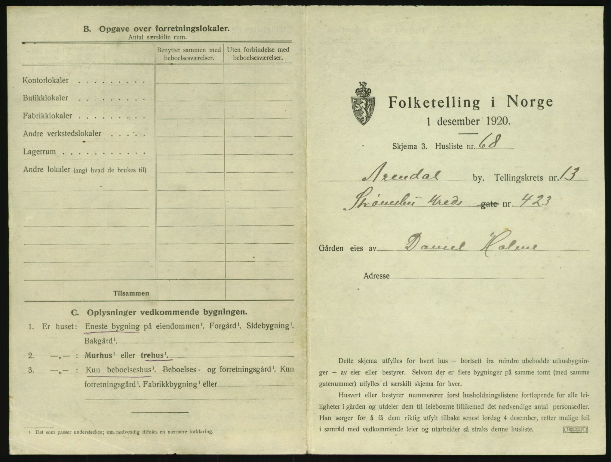 SAK, 1920 census for Arendal, 1920, p. 1962