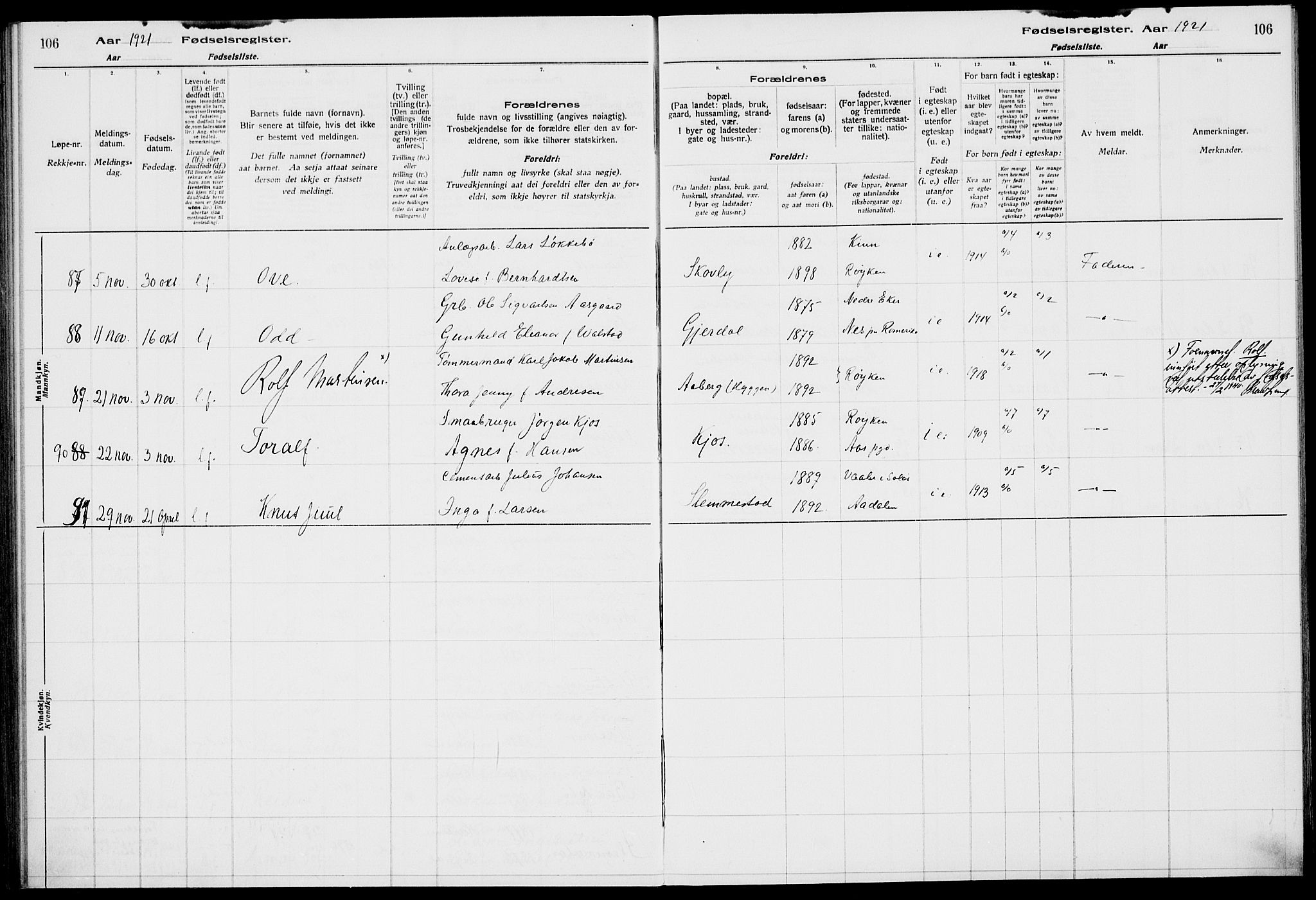 Røyken kirkebøker, AV/SAKO-A-241/J/Ja/L0001: Birth register no. 1, 1916-1927, p. 106