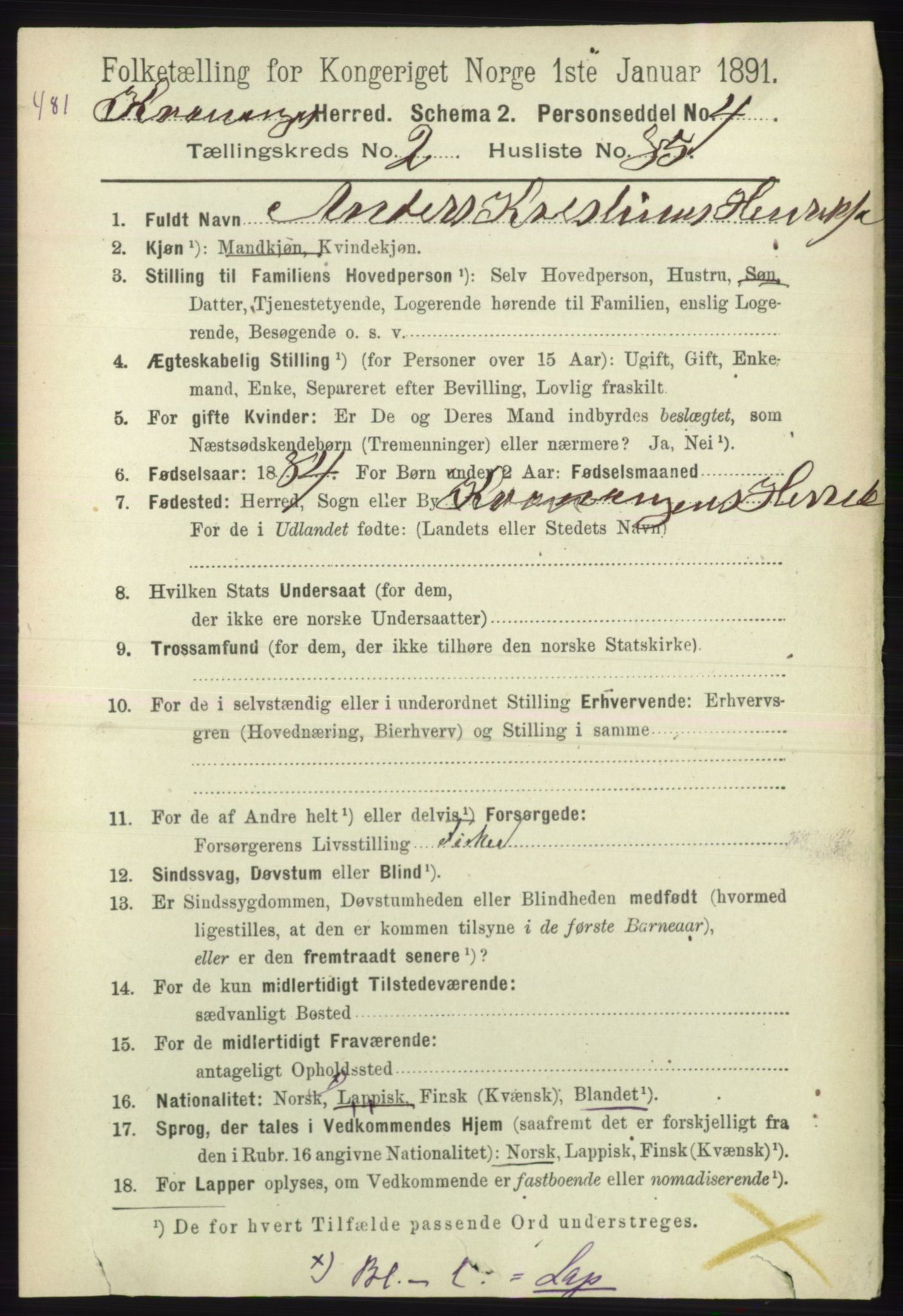 RA, 1891 census for 1943 Kvænangen, 1891, p. 1003