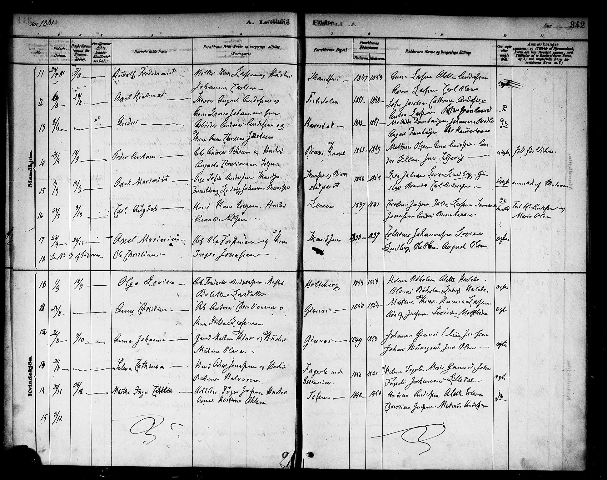 Berg prestekontor Kirkebøker, SAO/A-10902/F/Fb/L0001: Parish register (official) no. II 1, 1878-1887, p. 342