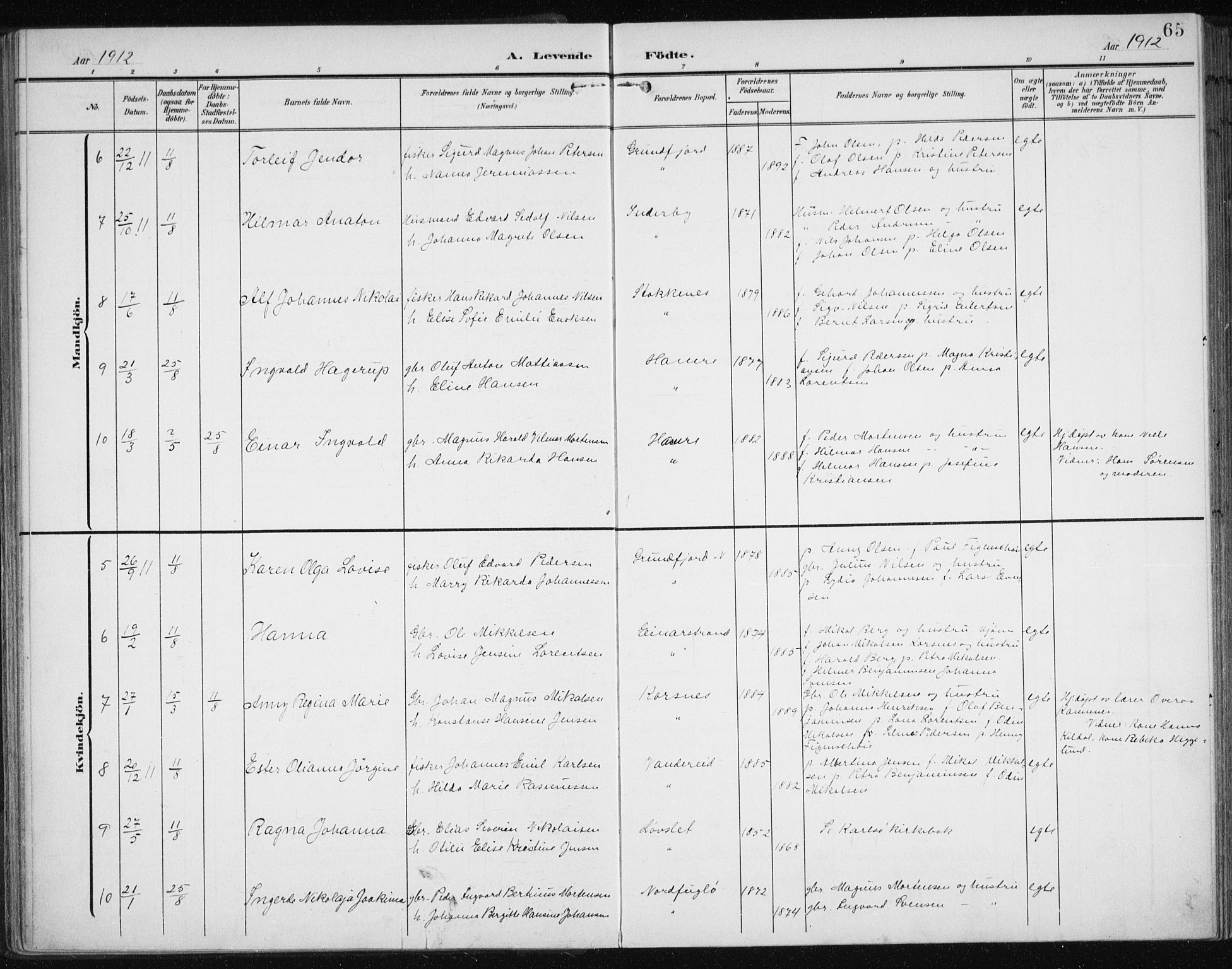 Karlsøy sokneprestembete, SATØ/S-1299/H/Ha/Haa/L0013kirke: Parish register (official) no. 13, 1902-1916, p. 65
