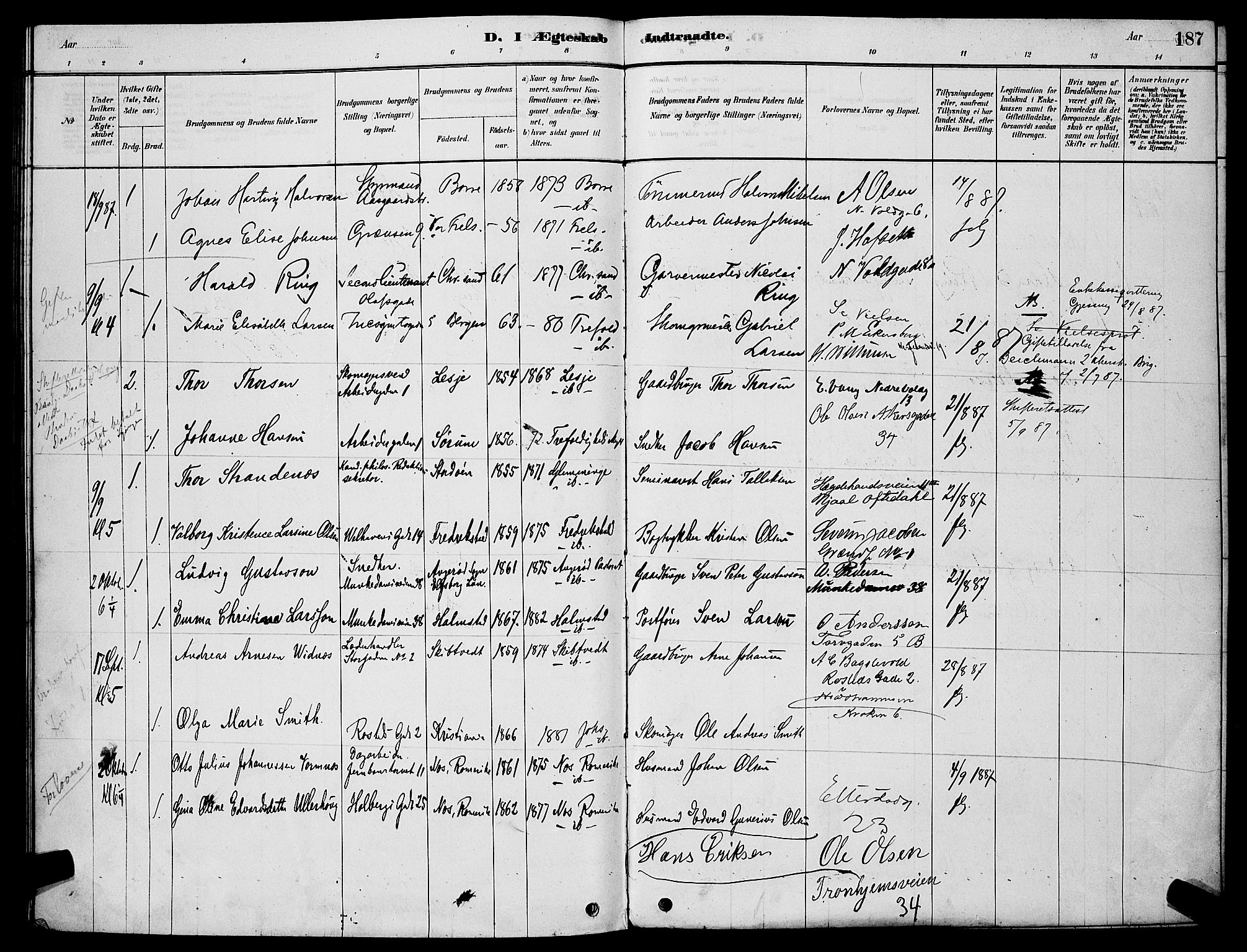 Trefoldighet prestekontor Kirkebøker, AV/SAO-A-10882/H/Ha/L0003: Banns register no. 3, 1878-1888, p. 187