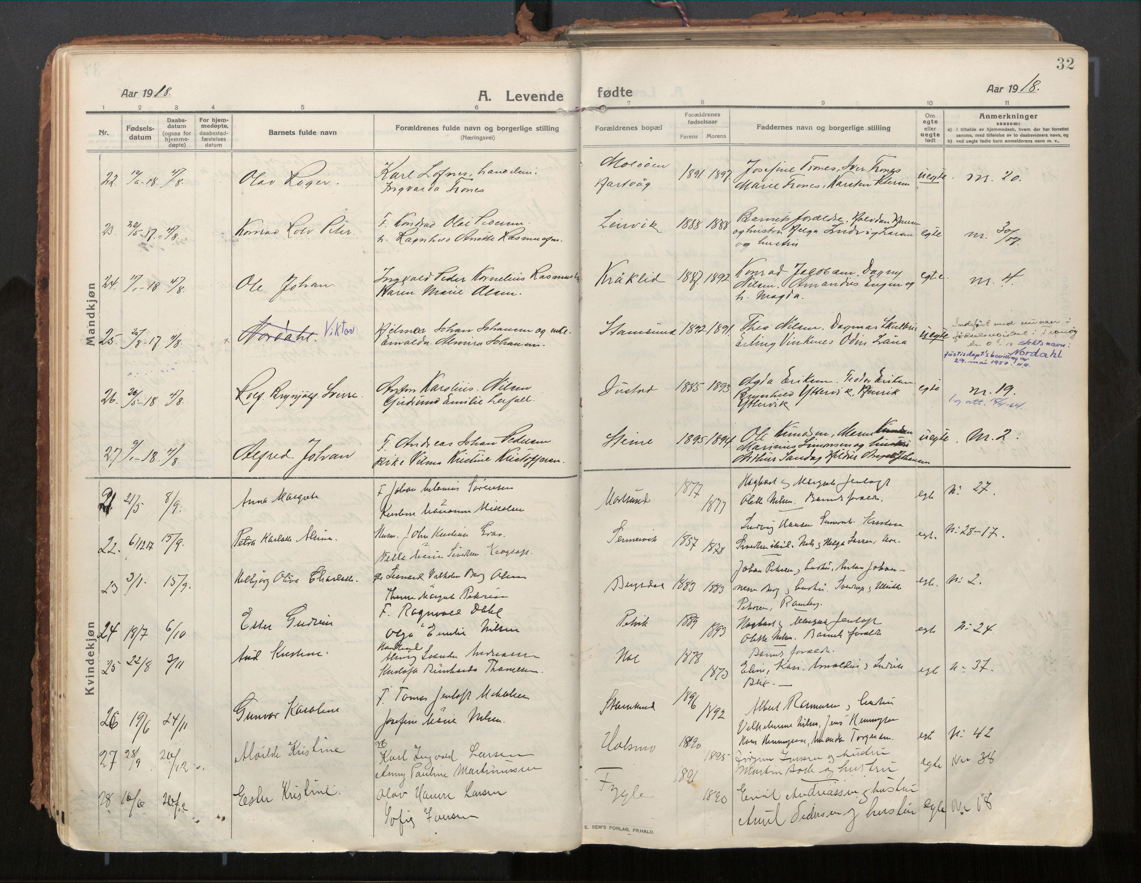 Ministerialprotokoller, klokkerbøker og fødselsregistre - Nordland, AV/SAT-A-1459/882/L1181: Parish register (official) no. 882A03, 1913-1937, p. 32