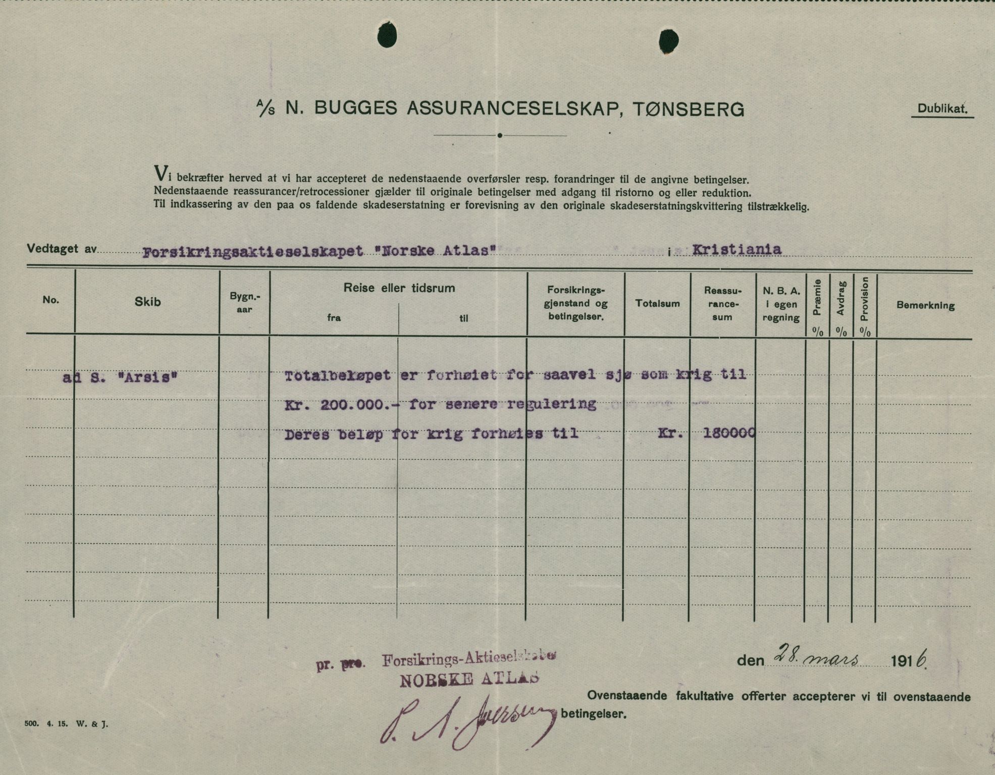 Pa 664 - Tønsberg Sjøforsikringsselskap, VEMU/A-1773/F/L0001: Forsikringspoliser, 1915-1918