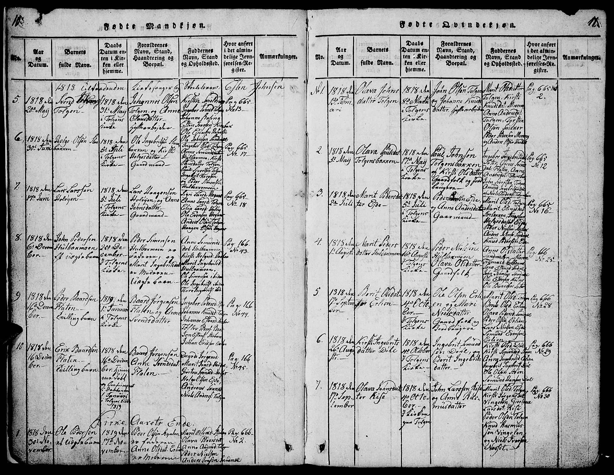 Tolga prestekontor, AV/SAH-PREST-062/L/L0001: Parish register (copy) no. 1, 1814-1877, p. 10-11