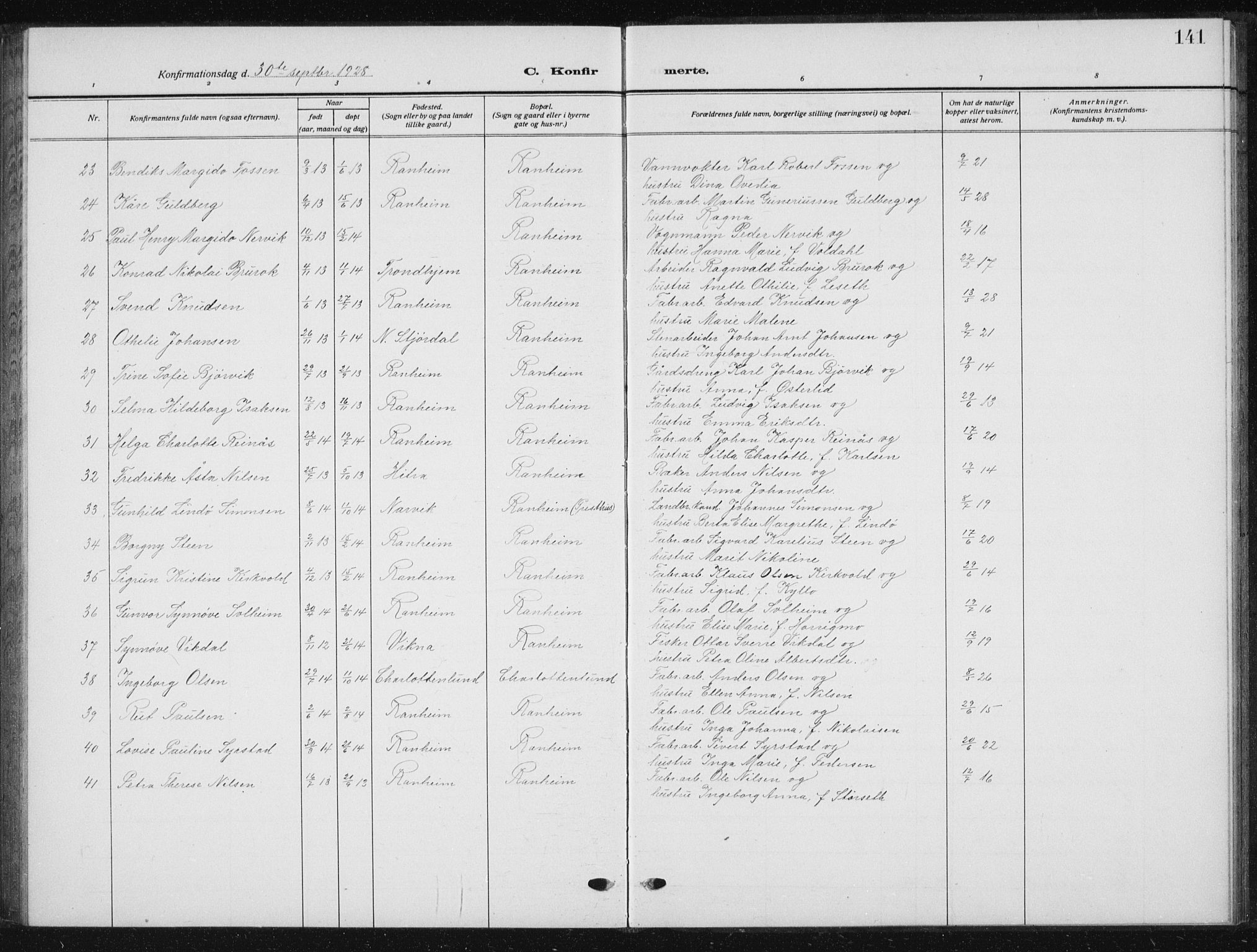 Ministerialprotokoller, klokkerbøker og fødselsregistre - Sør-Trøndelag, SAT/A-1456/615/L0401: Parish register (copy) no. 615C02, 1922-1941, p. 141