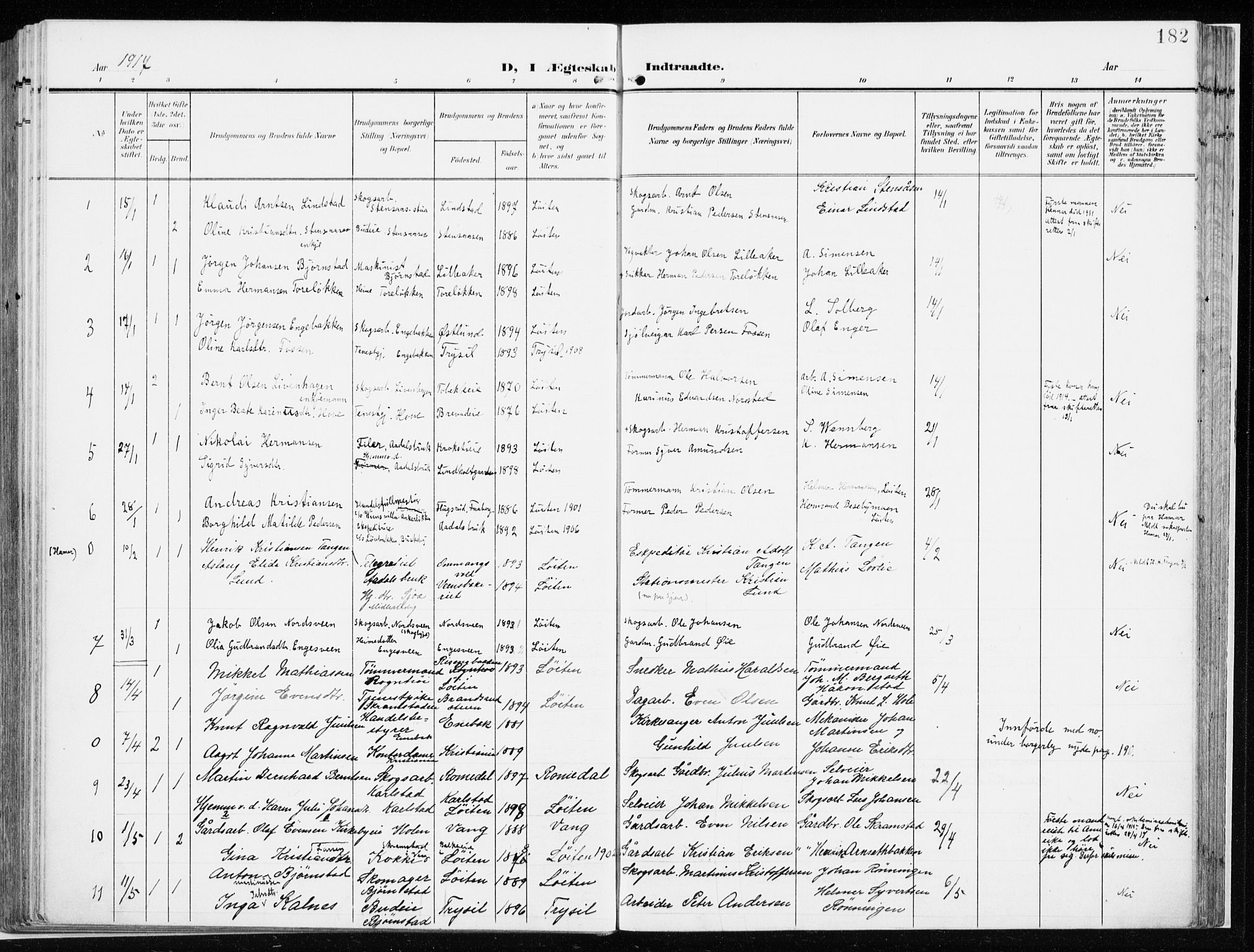 Løten prestekontor, AV/SAH-PREST-022/K/Ka/L0011: Parish register (official) no. 11, 1908-1917, p. 182