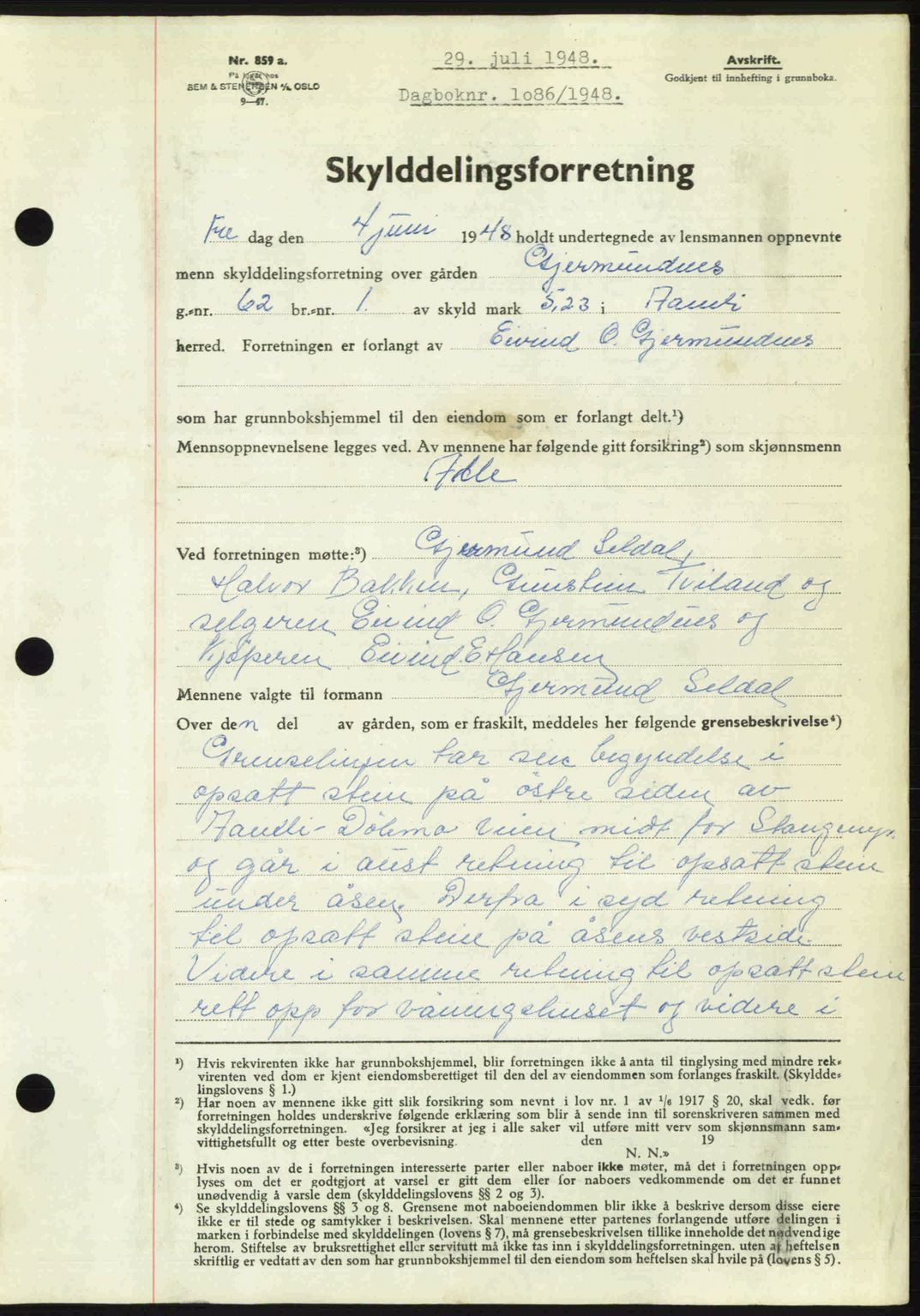 Nedenes sorenskriveri, SAK/1221-0006/G/Gb/Gba/L0059: Mortgage book no. A11, 1948-1948, Diary no: : 1086/1948