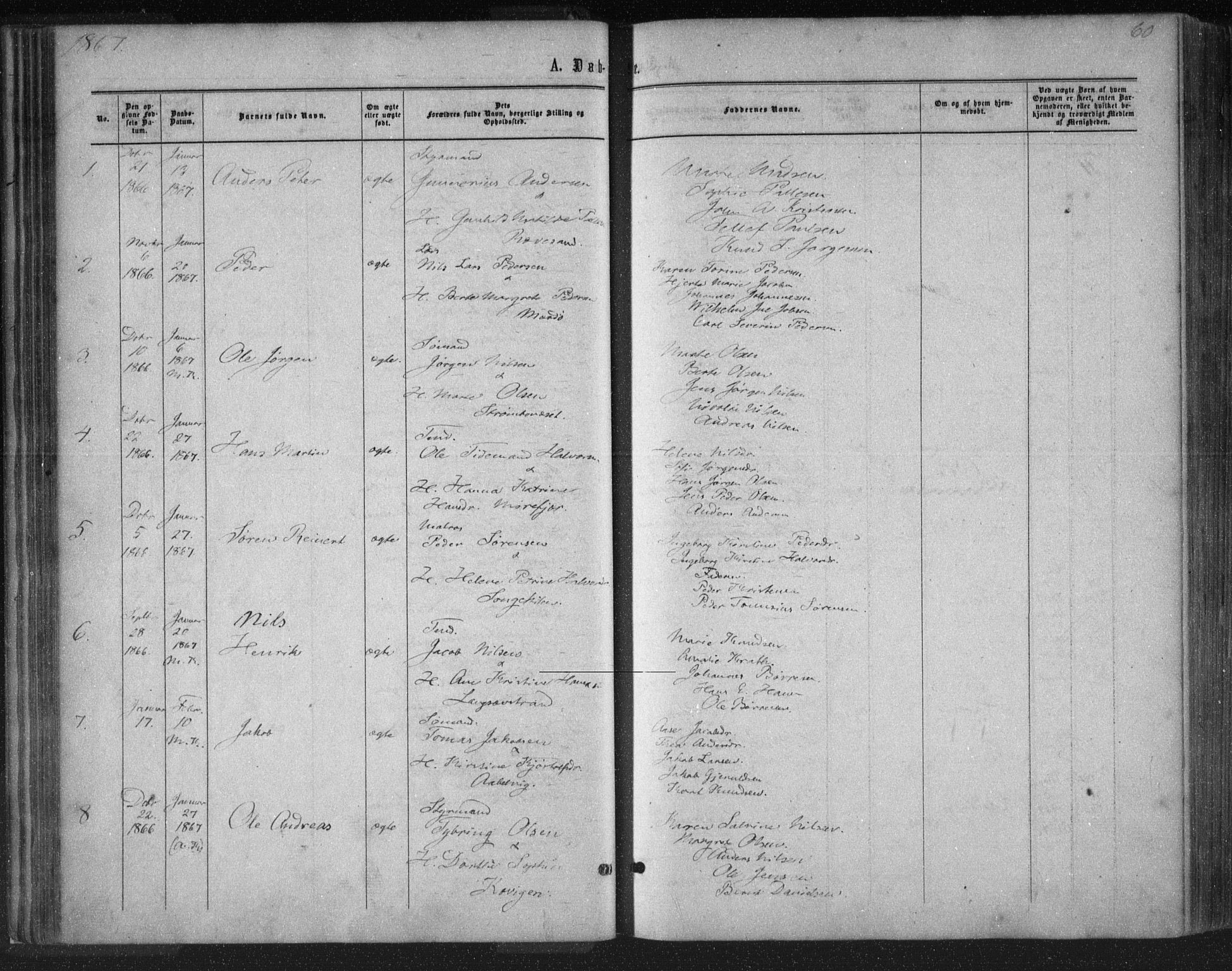 Tromøy sokneprestkontor, SAK/1111-0041/F/Fa/L0007: Parish register (official) no. A 7, 1864-1869, p. 60