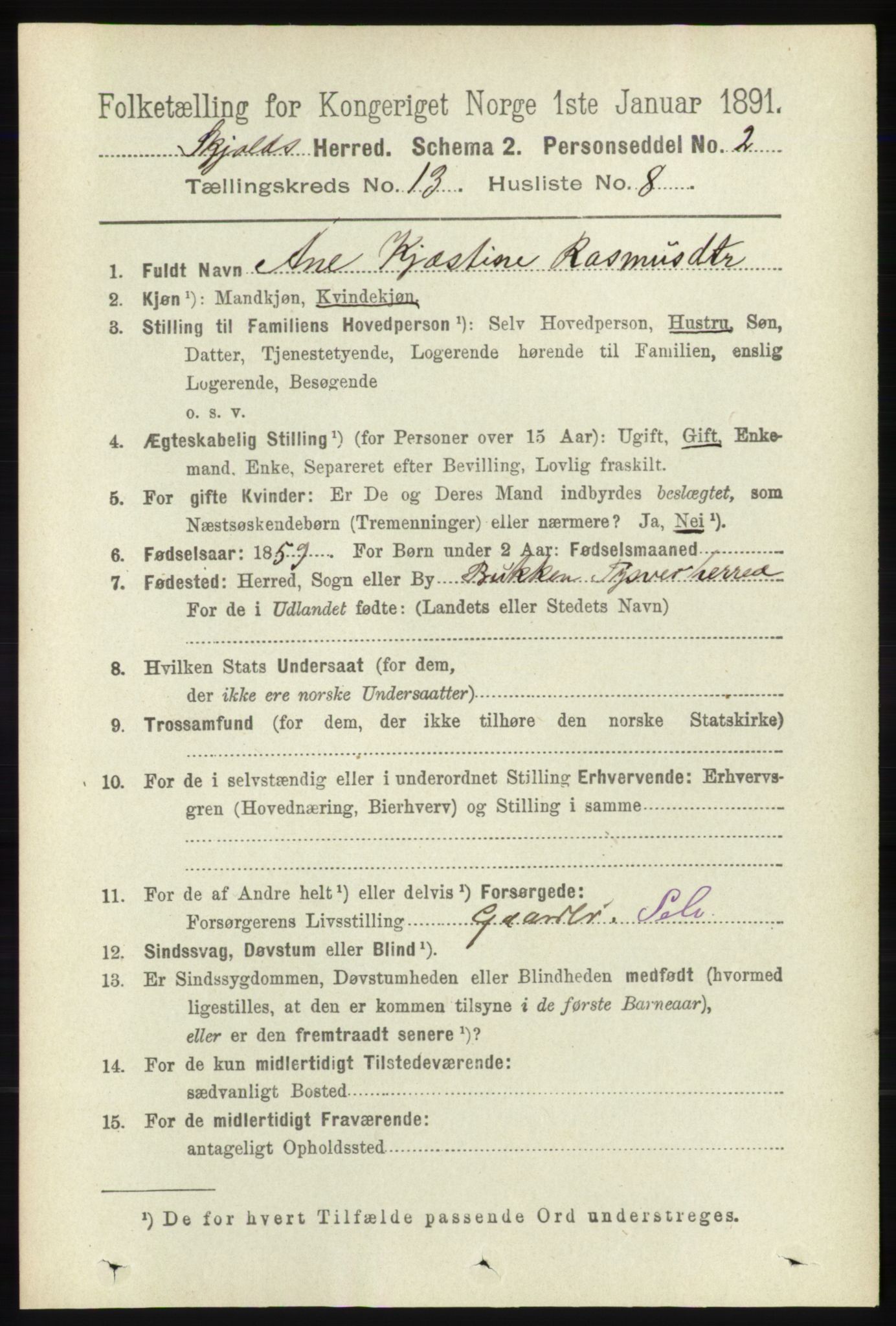RA, 1891 census for 1154 Skjold, 1891, p. 2430