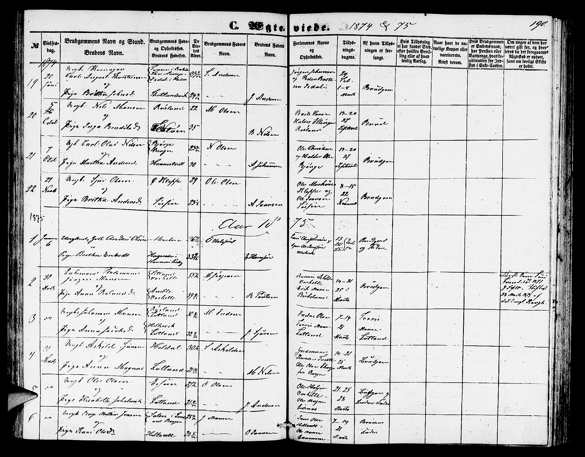Hosanger sokneprestembete, SAB/A-75801/H/Hab: Parish register (copy) no. A 2, 1857-1881, p. 190
