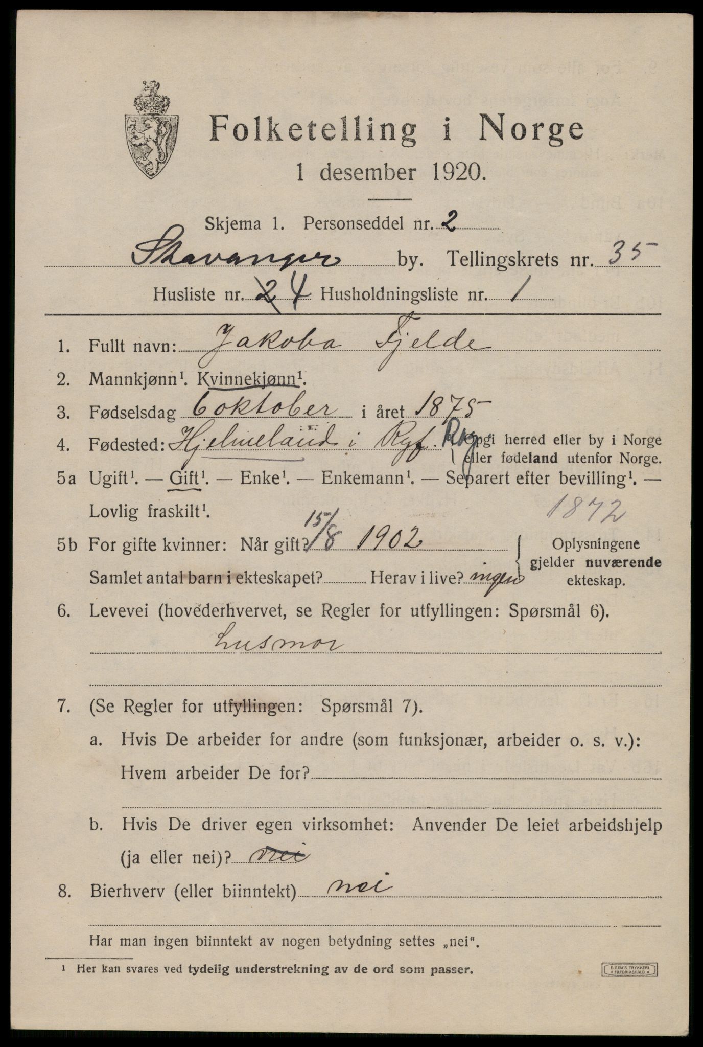 SAST, 1920 census for Stavanger, 1920, p. 93992