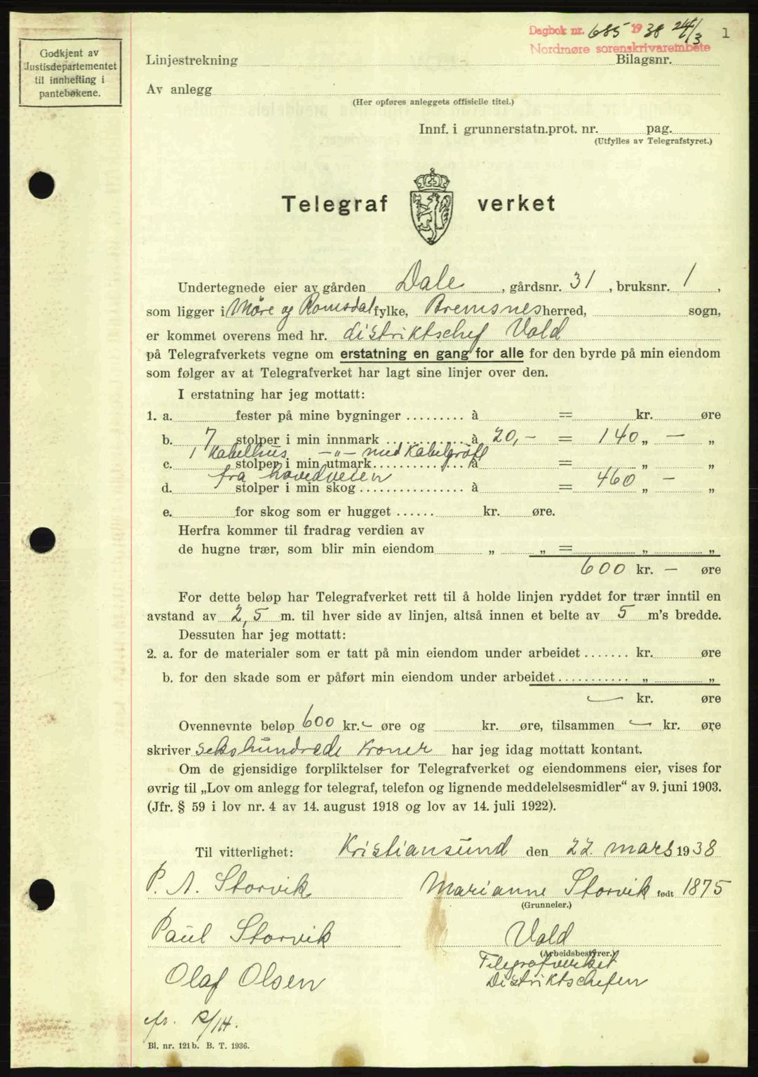 Nordmøre sorenskriveri, AV/SAT-A-4132/1/2/2Ca: Mortgage book no. B83, 1938-1938, Diary no: : 685/1938