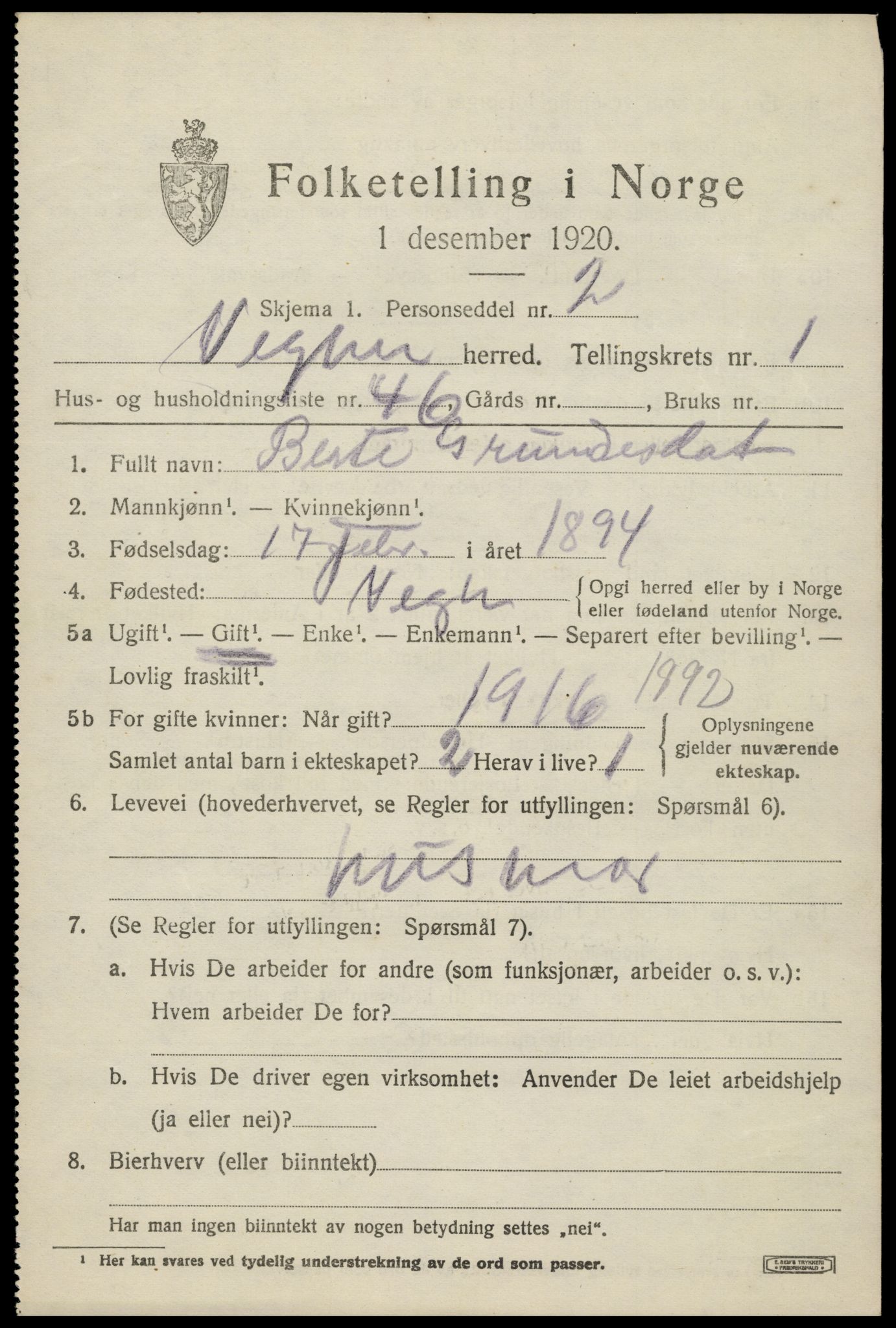 SAK, 1920 census for Vegårshei, 1920, p. 1212