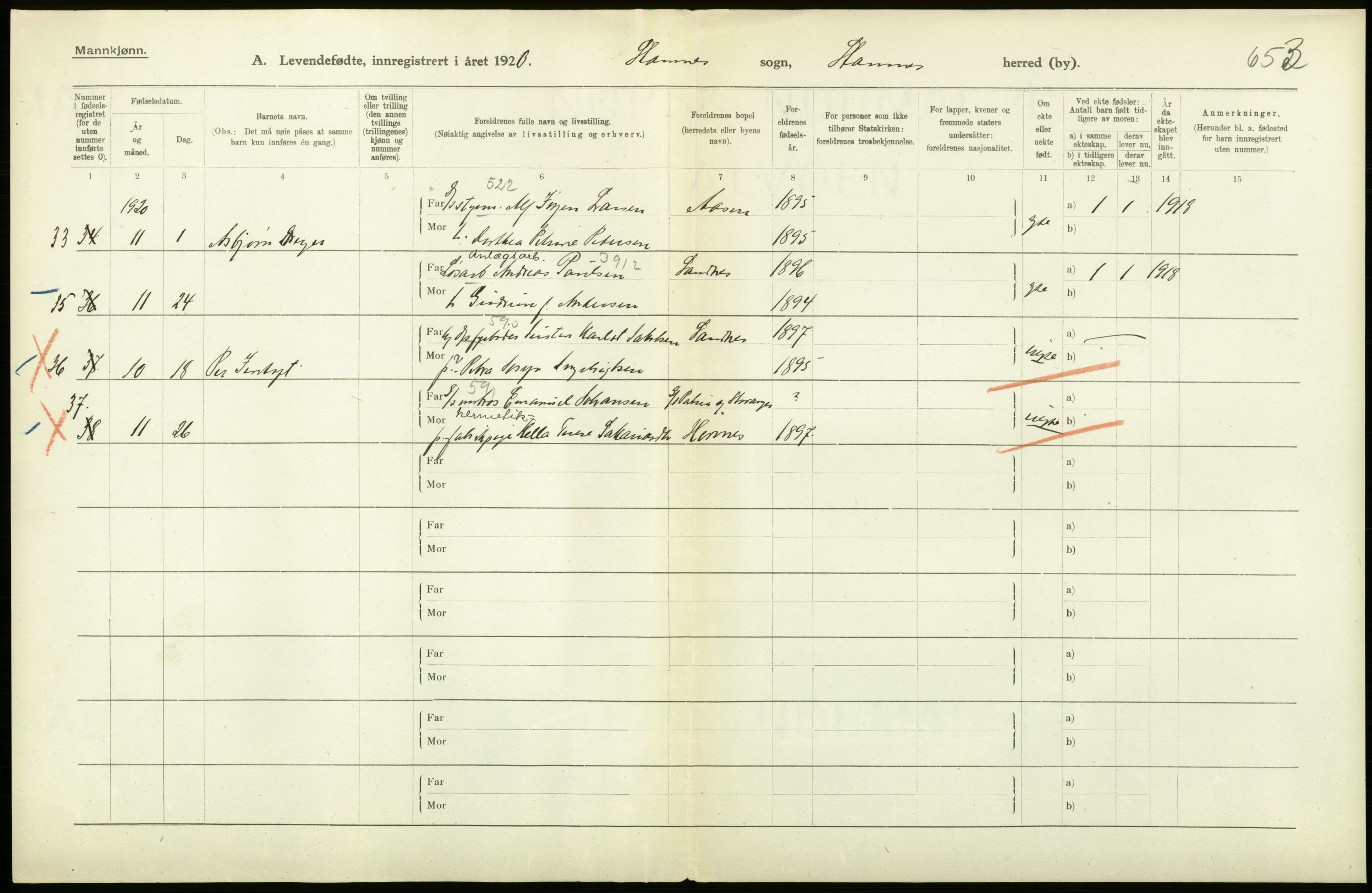 Statistisk sentralbyrå, Sosiodemografiske emner, Befolkning, RA/S-2228/D/Df/Dfb/Dfbj/L0055: Nordland fylke: Levendefødte menn og kvinner. Bygder., 1920, p. 2