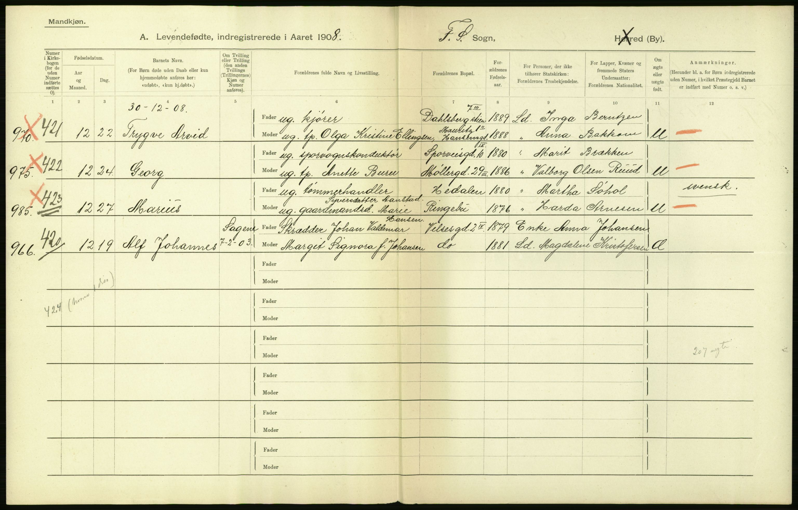 Statistisk sentralbyrå, Sosiodemografiske emner, Befolkning, AV/RA-S-2228/D/Df/Dfa/Dfaf/L0005: Kristiania: Levendefødte menn og kvinner., 1908, p. 102