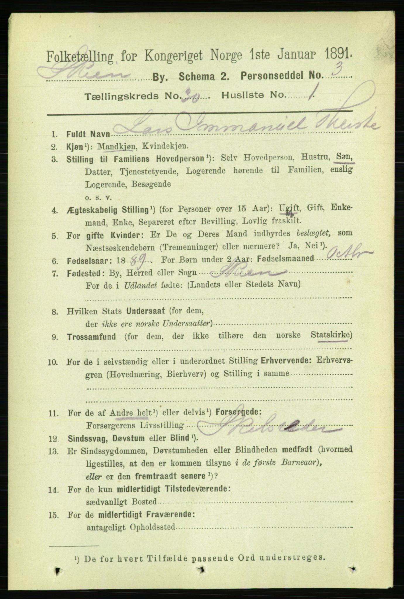 RA, 1891 census for 0806 Skien, 1891, p. 6855