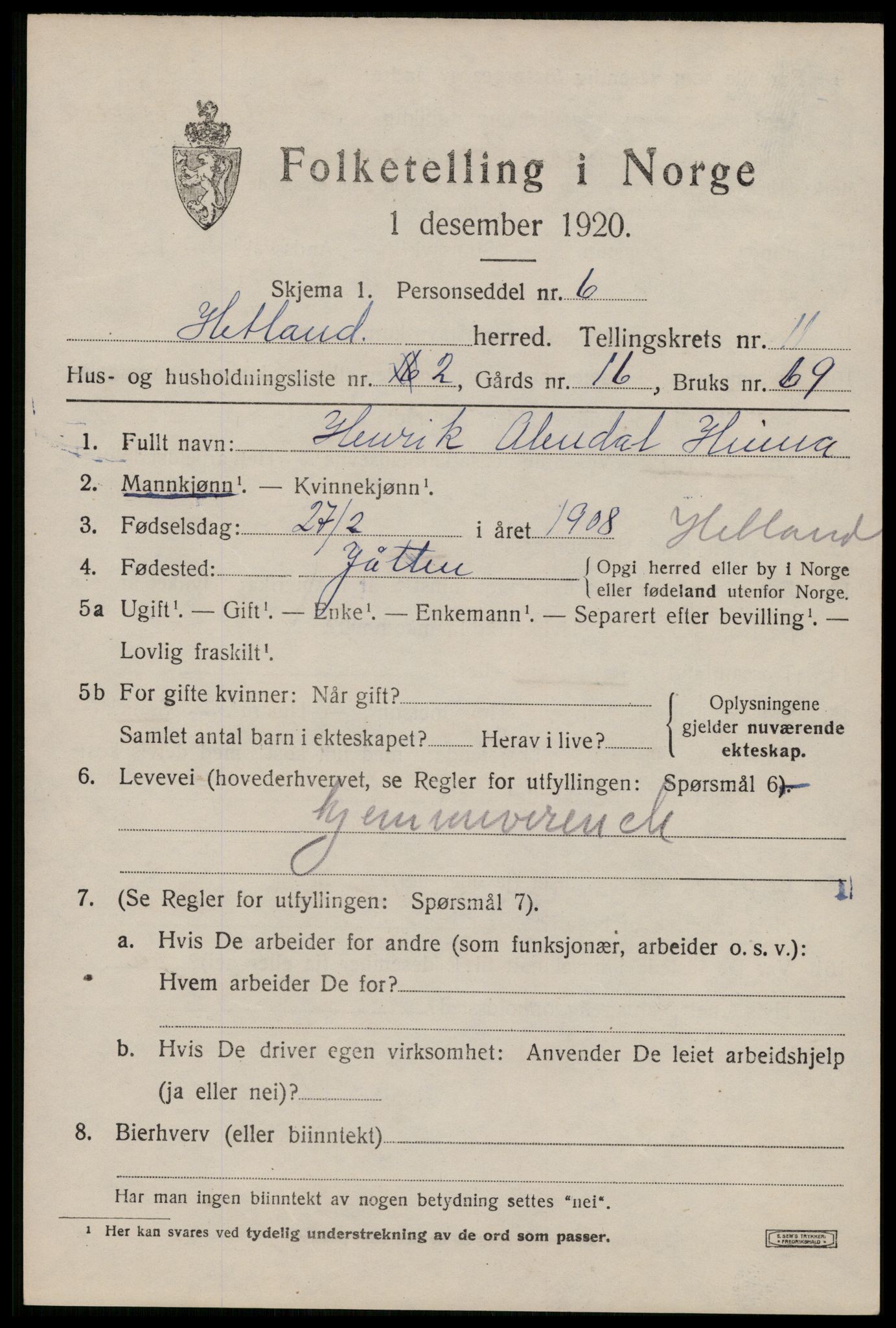 SAST, 1920 census for Hetland, 1920, p. 19959