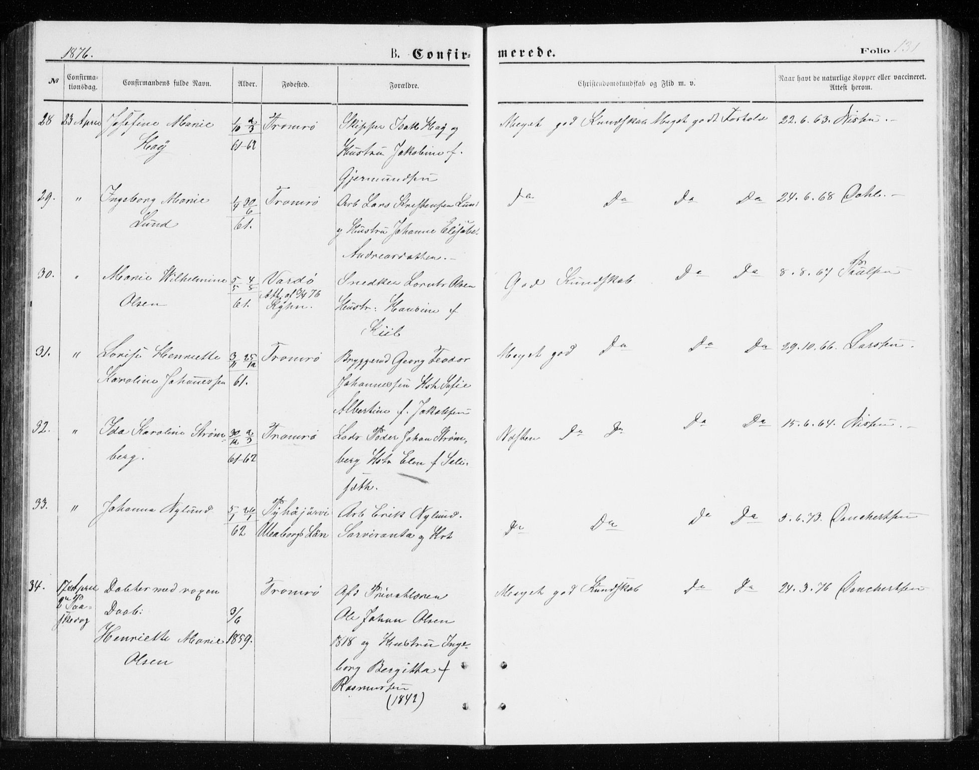 Tromsø sokneprestkontor/stiftsprosti/domprosti, AV/SATØ-S-1343/G/Gb/L0008klokker: Parish register (copy) no. 8, 1875-1879, p. 131