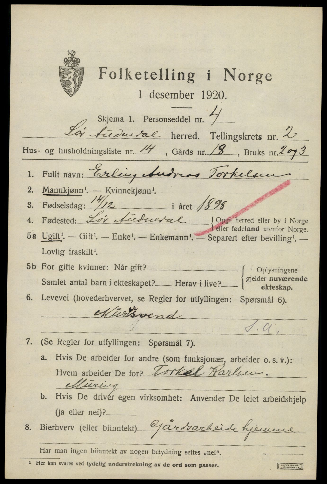 SAK, 1920 census for Sør-Audnedal, 1920, p. 1687