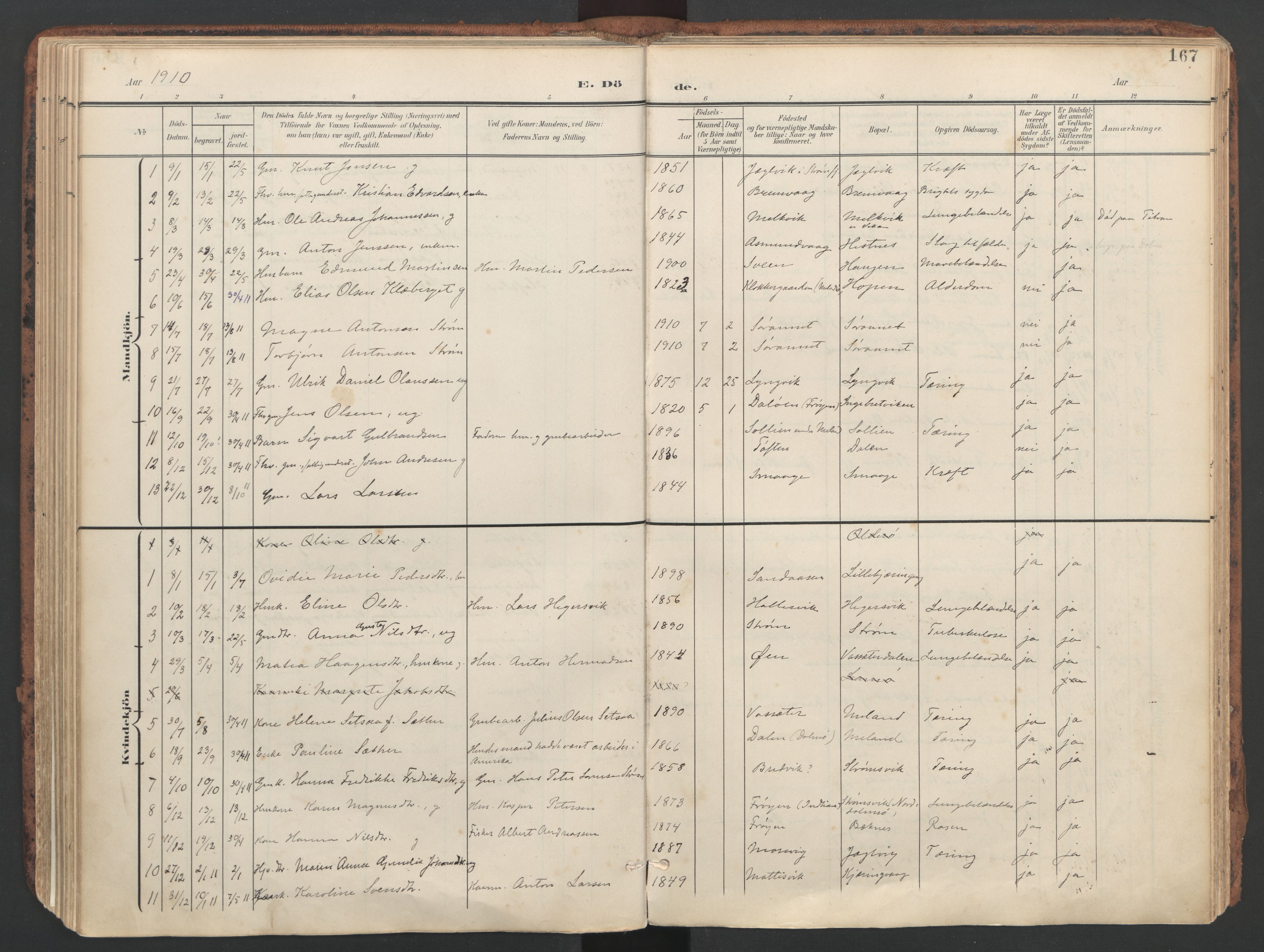 Ministerialprotokoller, klokkerbøker og fødselsregistre - Sør-Trøndelag, SAT/A-1456/634/L0537: Parish register (official) no. 634A13, 1896-1922, p. 167