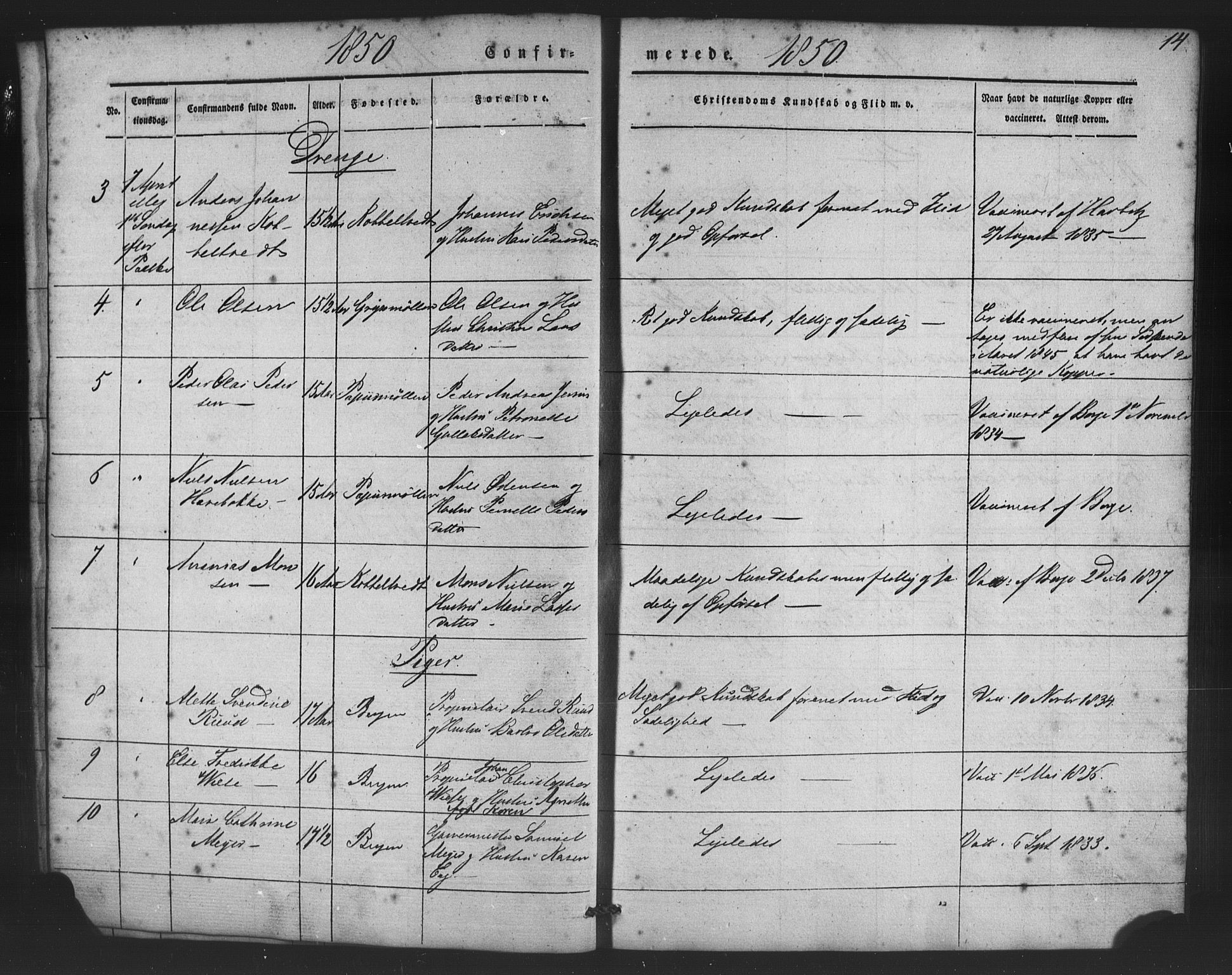 St. Jørgens hospital og Årstad sokneprestembete, SAB/A-99934: Parish register (copy) no. A 5, 1844-1871, p. 14