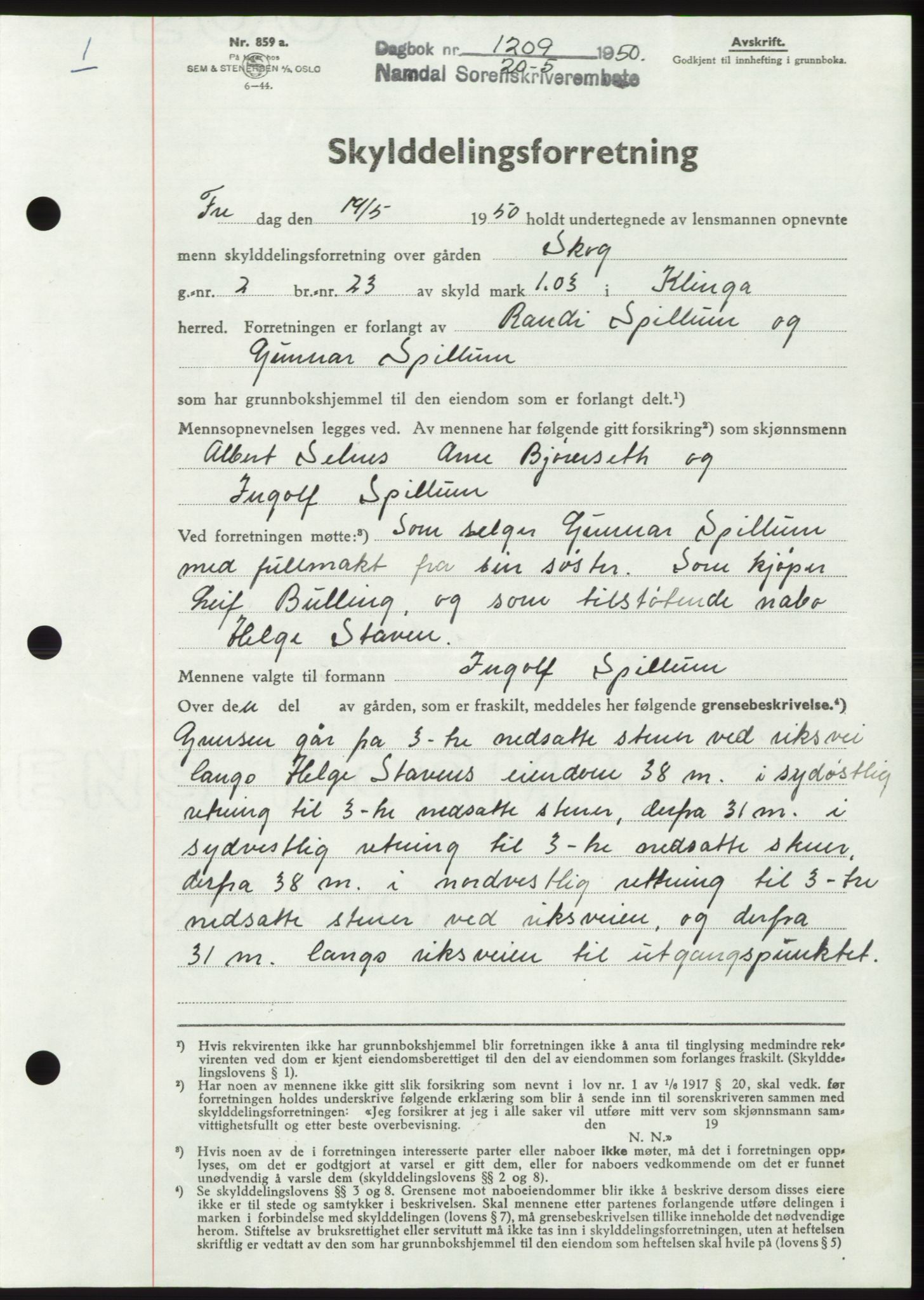 Namdal sorenskriveri, AV/SAT-A-4133/1/2/2C: Mortgage book no. -, 1950-1950, Diary no: : 1209/1950