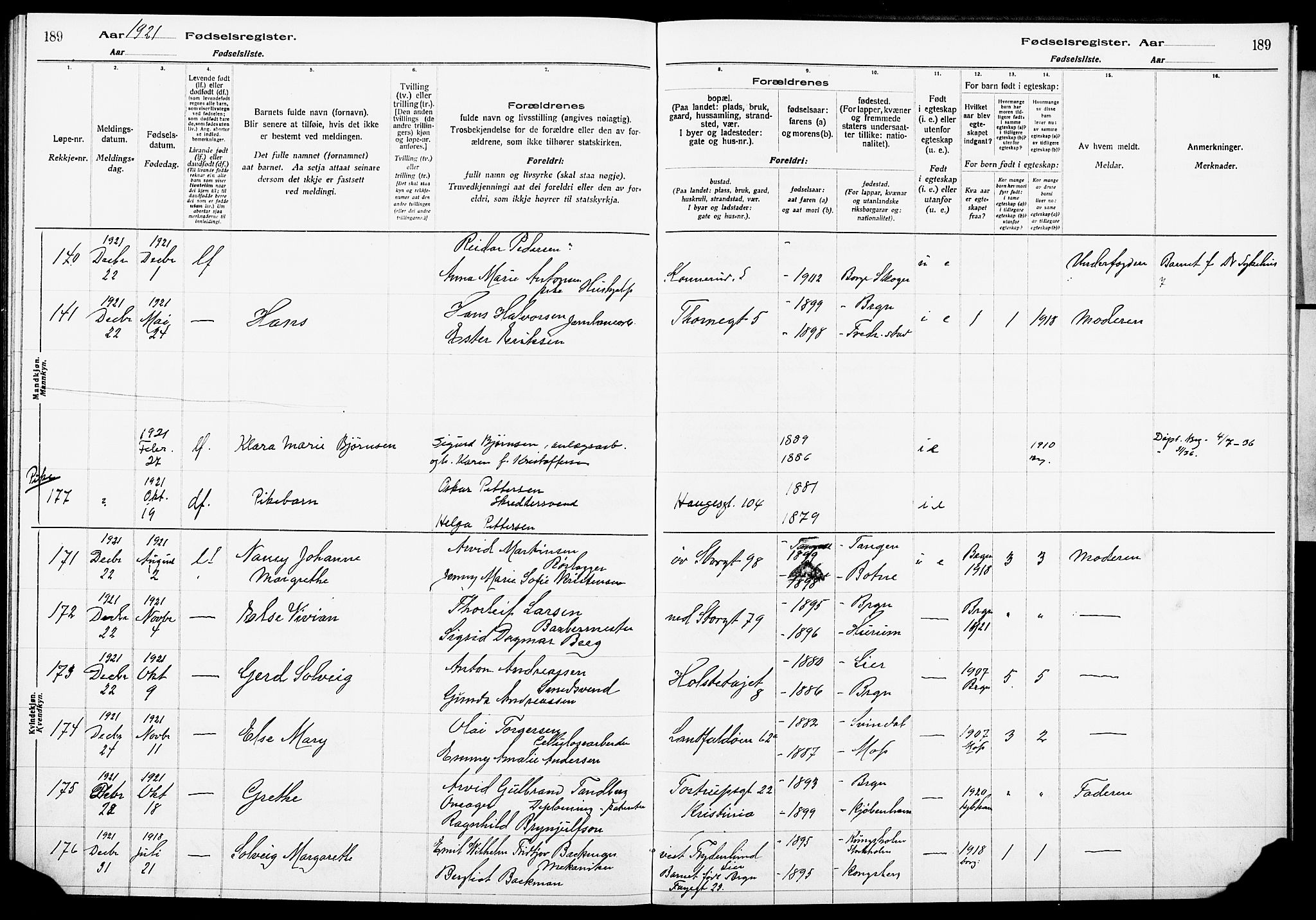 Bragernes kirkebøker, AV/SAKO-A-6/J/Ja/L0001: Birth register no. 1, 1916-1922, p. 189