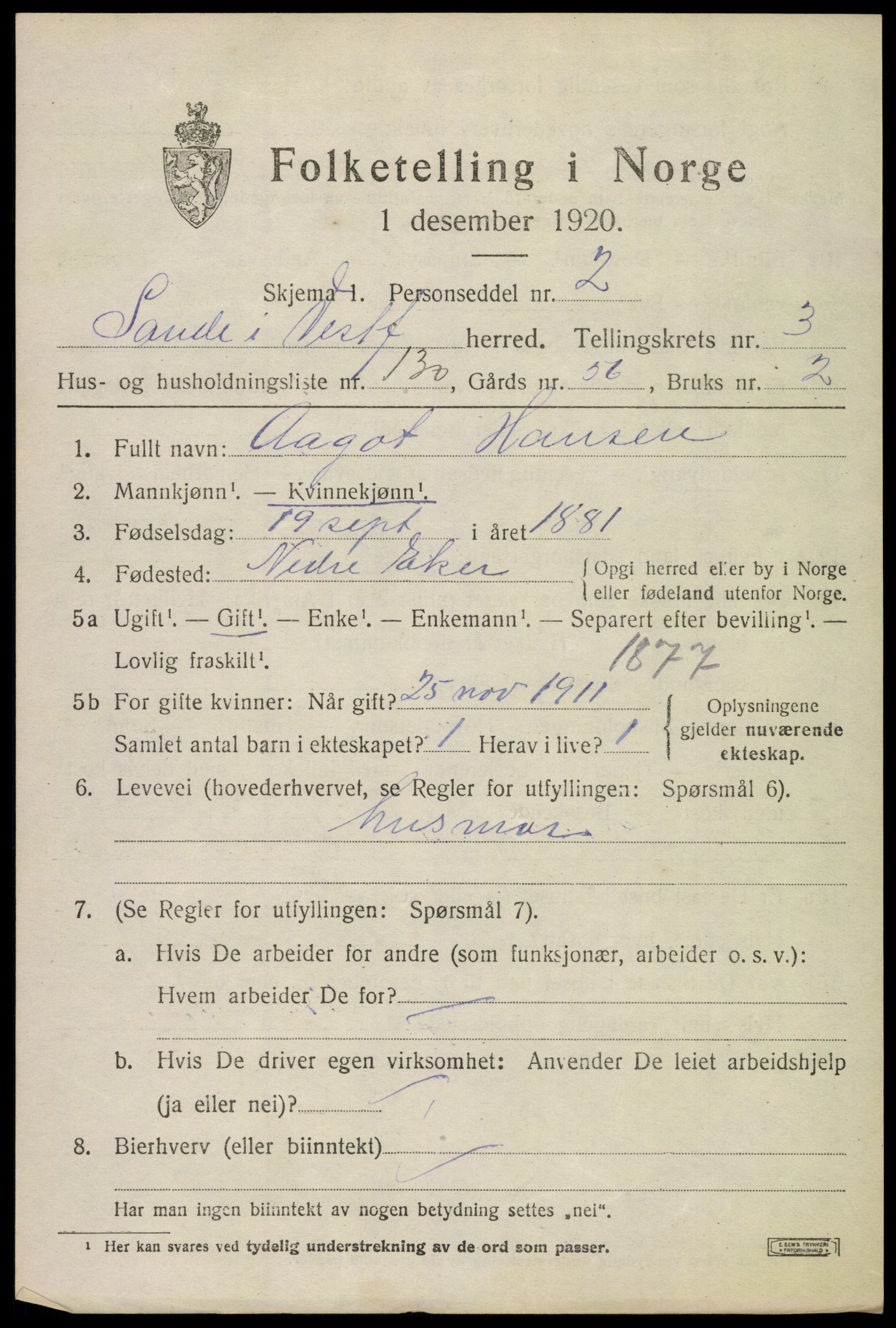 SAKO, 1920 census for Sande, 1920, p. 5608